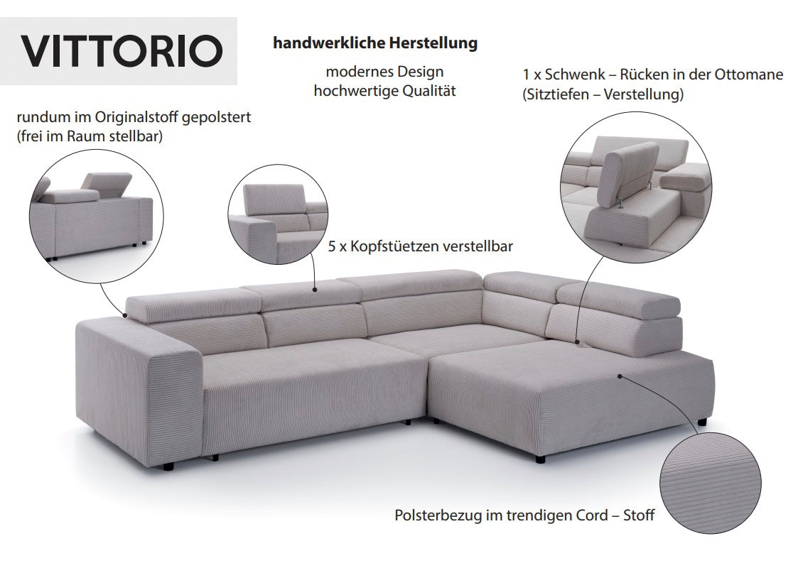exxpo - sofa fashion Ecksofa »VITTORIO«, inkl. Kopfteil- und Sitztiefenverstellung, wahlweise mit Bettfunktion