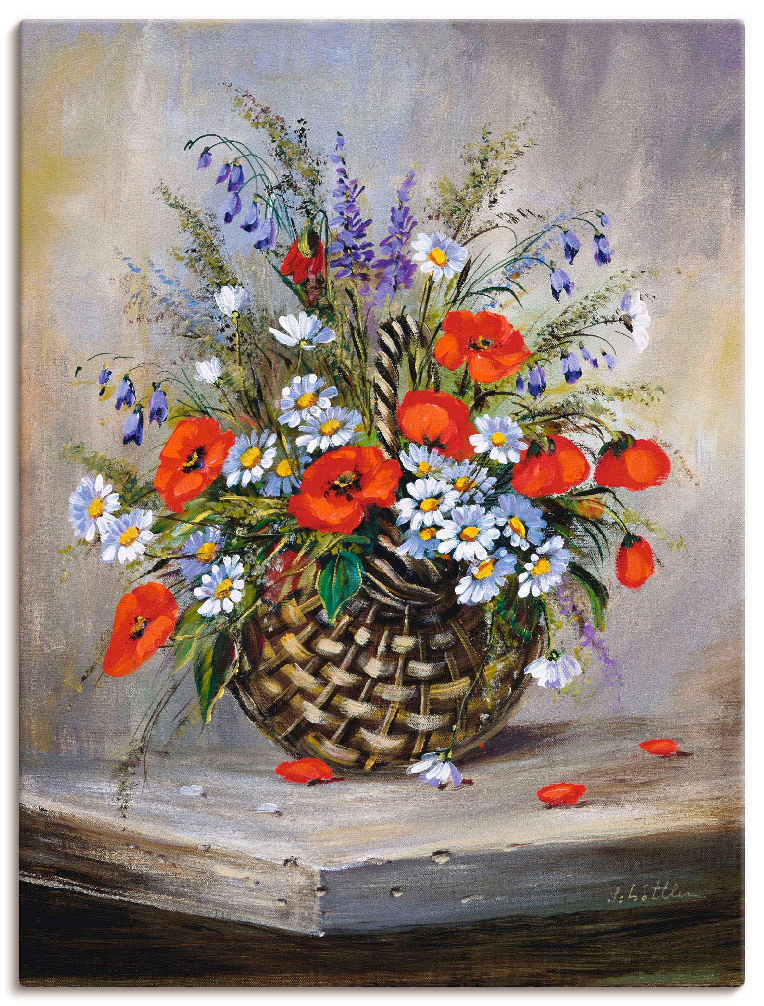 Artland Leinwandbild "Blumiger Korb" Blumen 1 Stk. tlg. auf Holzrahmen gespannt