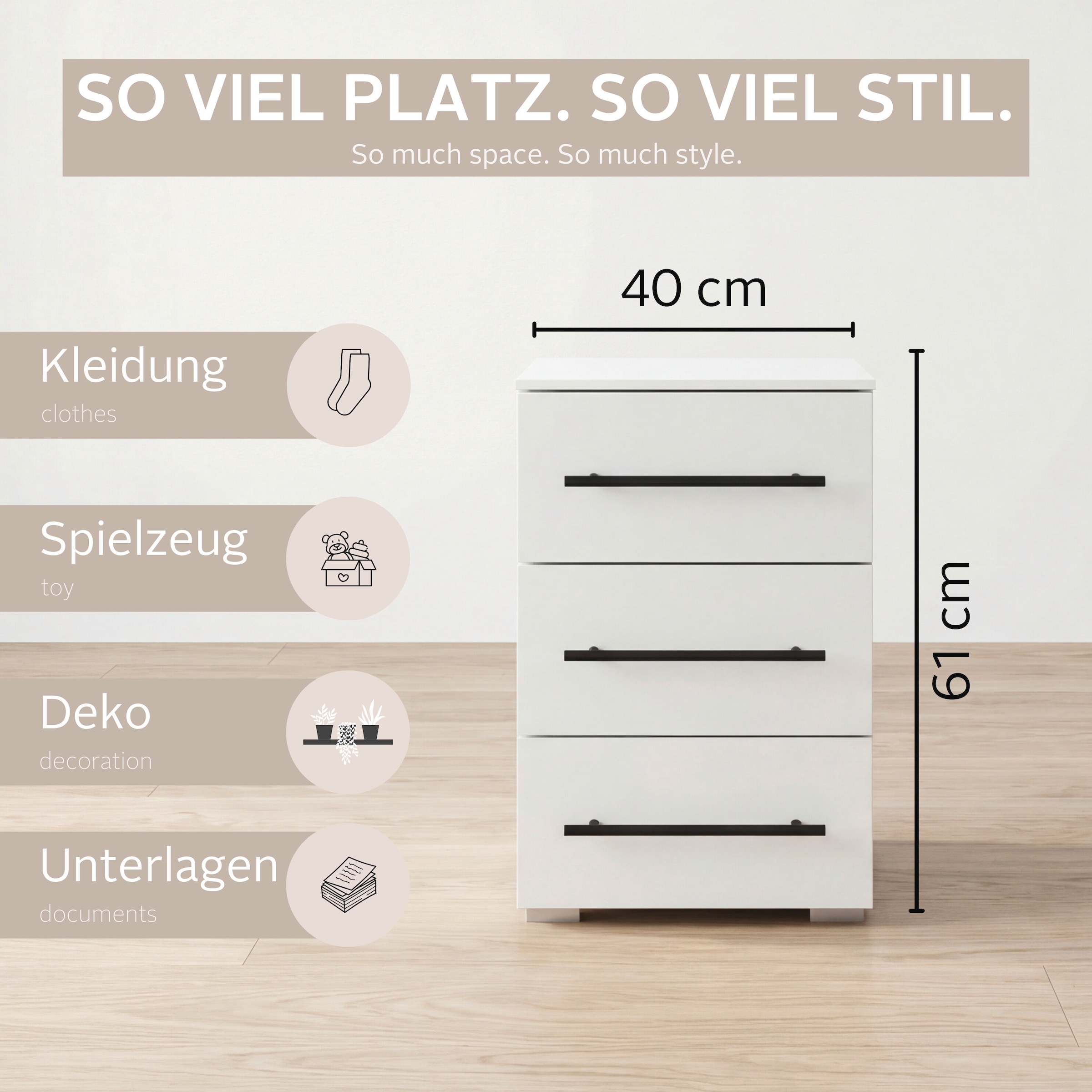 OTTO home Nachtkommode »Nachttisch Nachtkonsole Nachtschrank RONDO 2er-Set« Set, Breite 40 / Höhe 61 cm, 2 Stk. tlg. mit 3 geräumigen Schubladen Metallgriff in Schwarz MADE IN GERMANY