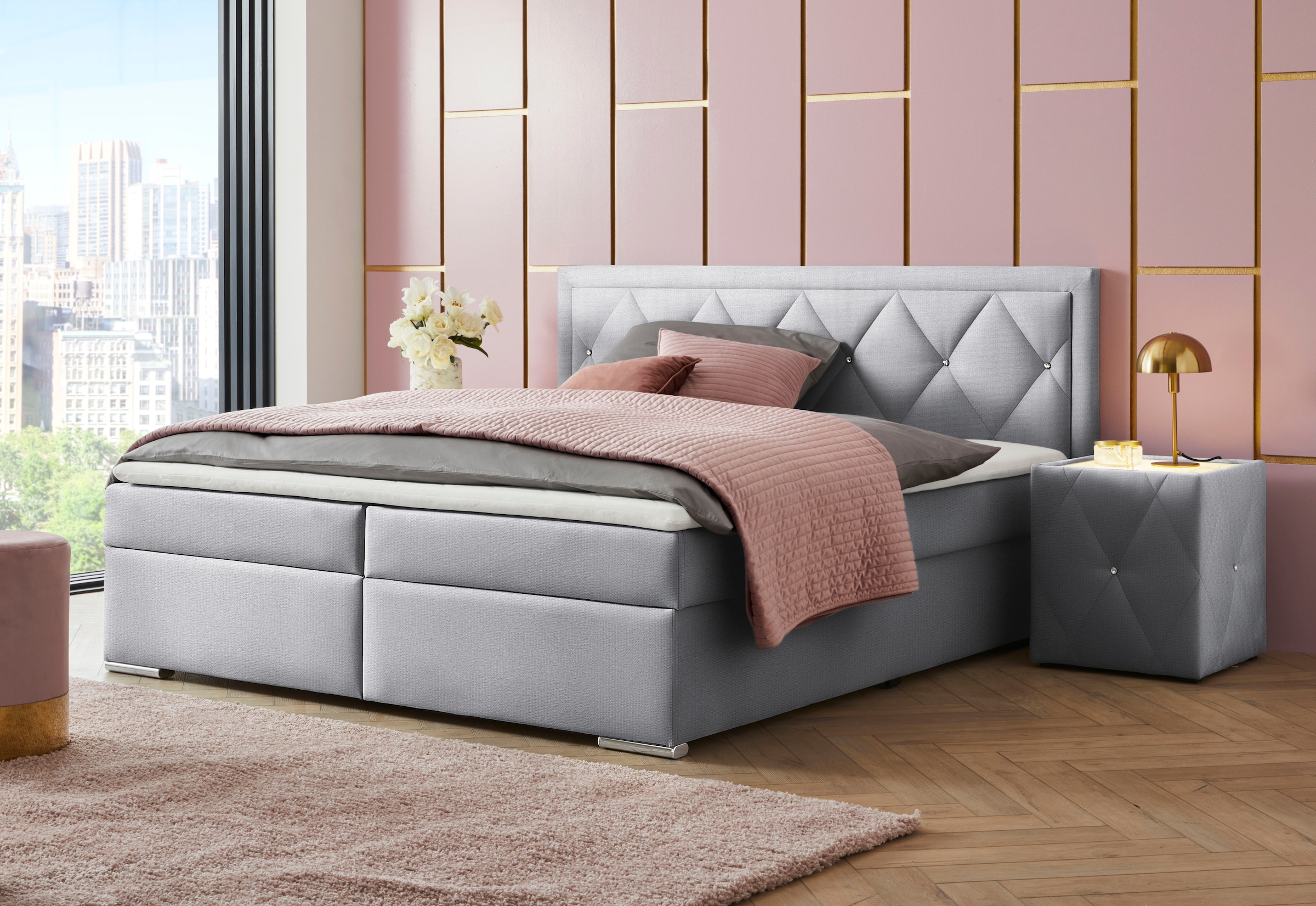 Leonique Boxbett »Alfie, Bestseller, wahlweise mit Bettkasten«, mit Straßsteinen im Kopfteil, H2, H3 und H4 wählbar