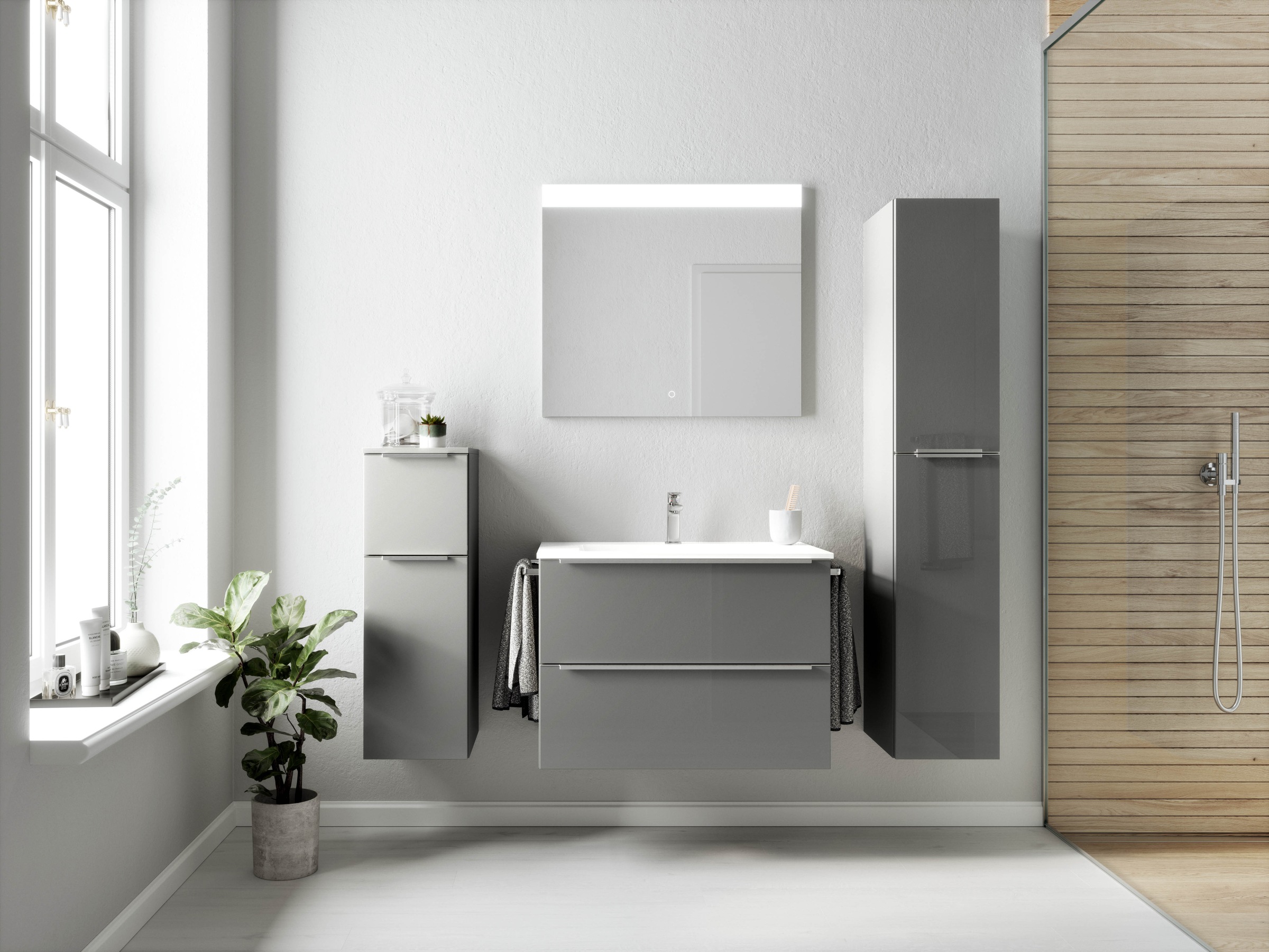 nobilia® Badmöbel-Set »Levere«, (2 St., vormontiert, mit Soft-Close), Hochglanz, inkl. Spiegel mit Touch-Sensor, in vier Breiten