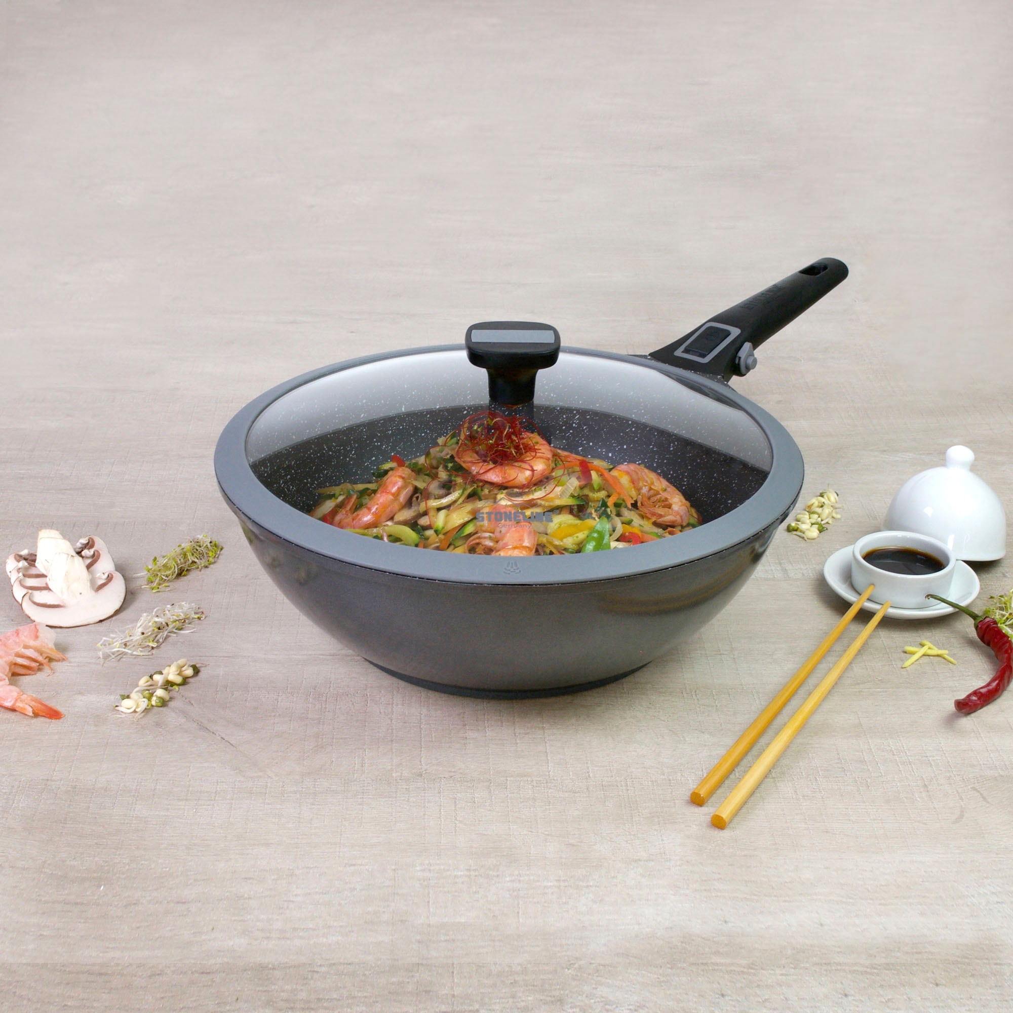 STONELINE Wok »Imagination PLUS«, Aluminiumguss, einzigartige Steinpartikel-Beschichtung, Ø 30 cm, Induktion