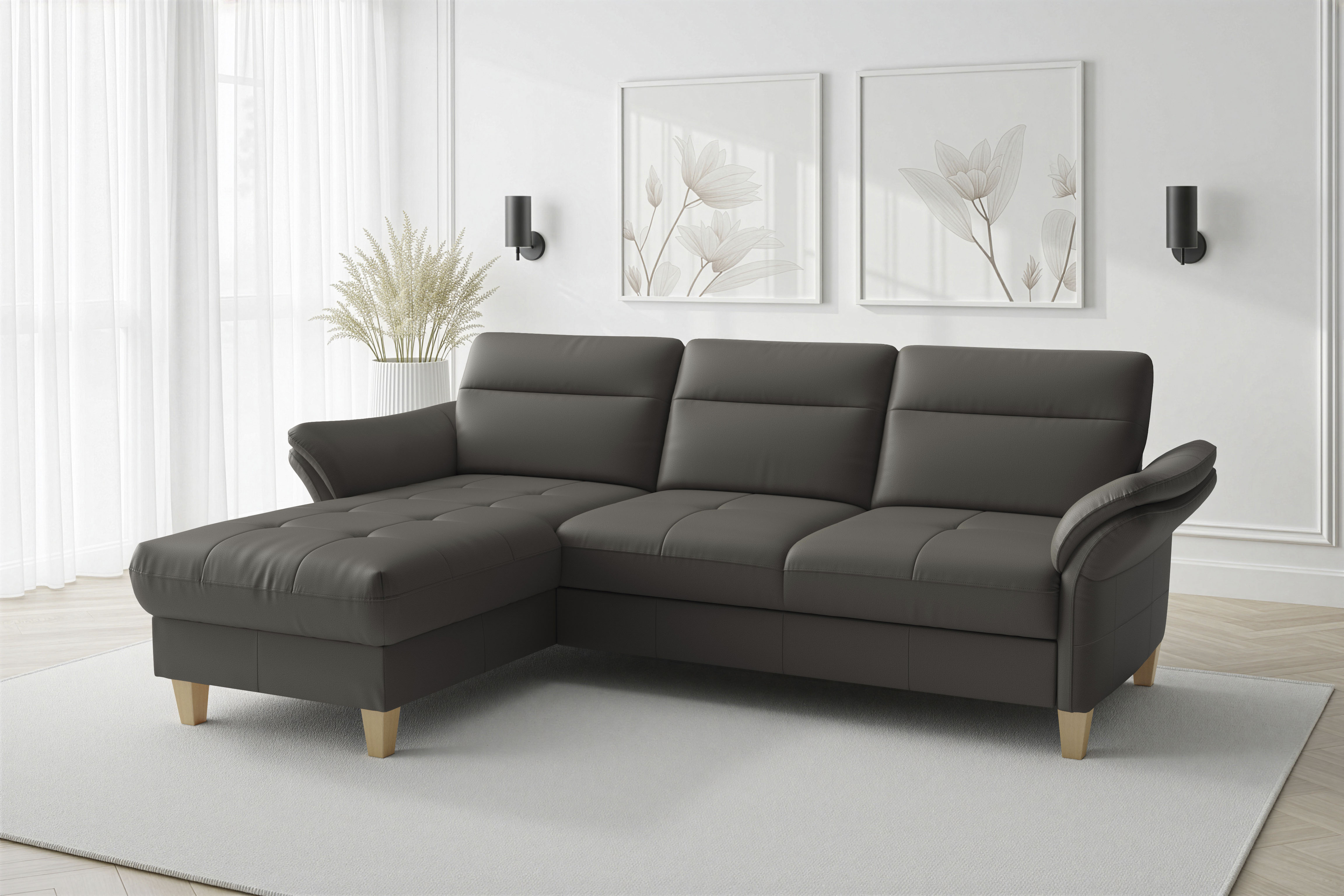 sit&more Ecksofa "Pamela L-Form, Leder, B: 218 und 230 cm mit Recamiere links od. rechts" optional Armteilverstellung, Schlaffunktion & Bettkasten