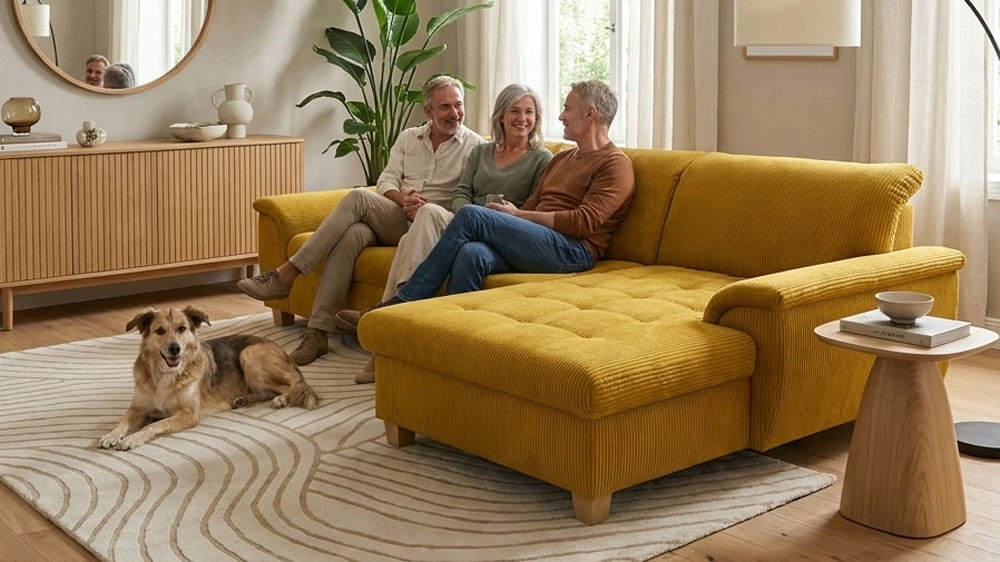 OTTO home "Eggery 279 x 170 cm, auch mit Schlaffunktion & Bettkasten, Holzfüße" Kopfteile verstellbar, L-Form, aus Pet Friendly Cord