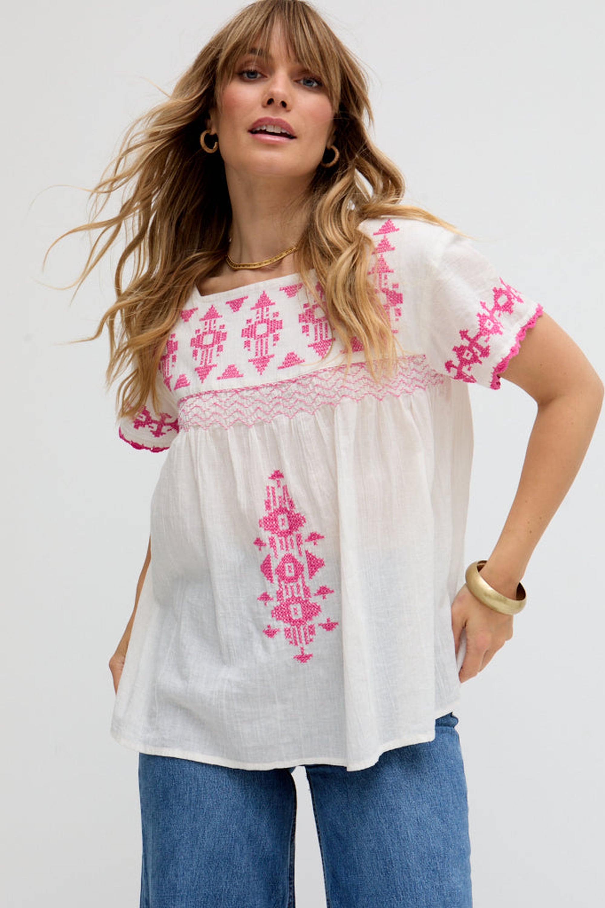 RAFFYA Hemdbluse »Flora Short Sleeve Embroidered Blouse Damen«