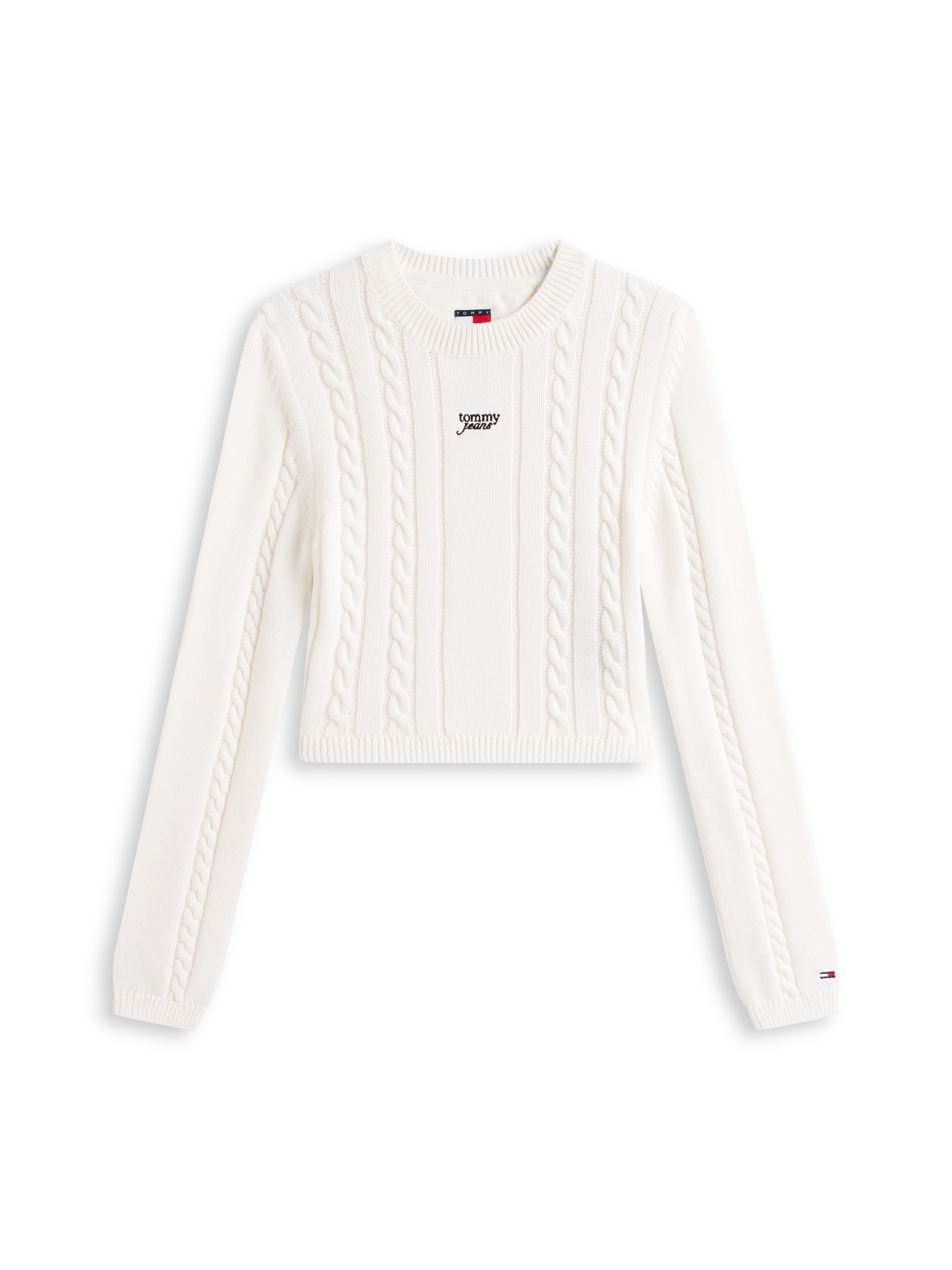 Strickpullover TOMMY JEANS "TJW CABLE SCRIPT SWEATER", Damen, Gr. XS (34), ancient weiß, Strick, Obermaterial: 100% Baumwolle, unifarben, Pullover Strickpullover, mit Zopfmuster 3