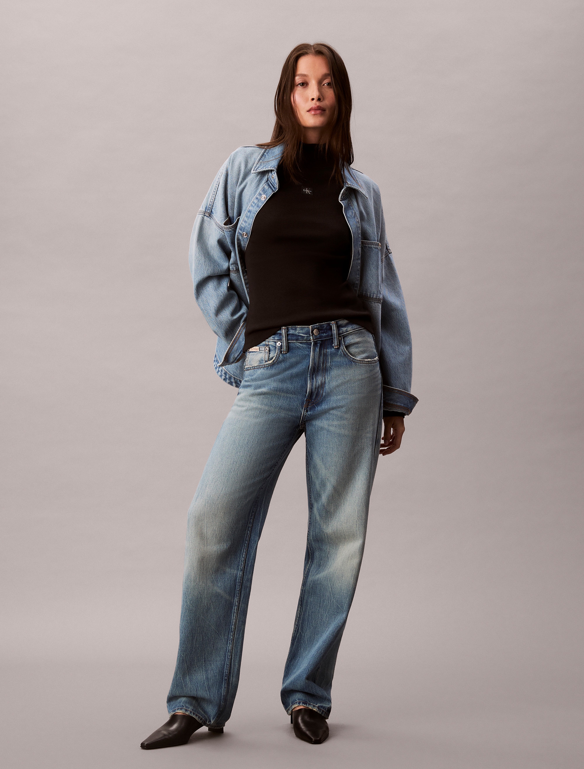 Calvin Klein Jeans Shirttop »LS WOVEN LABEL TURTLENECK«, Mit Rundhalsausschnitt, regular fit