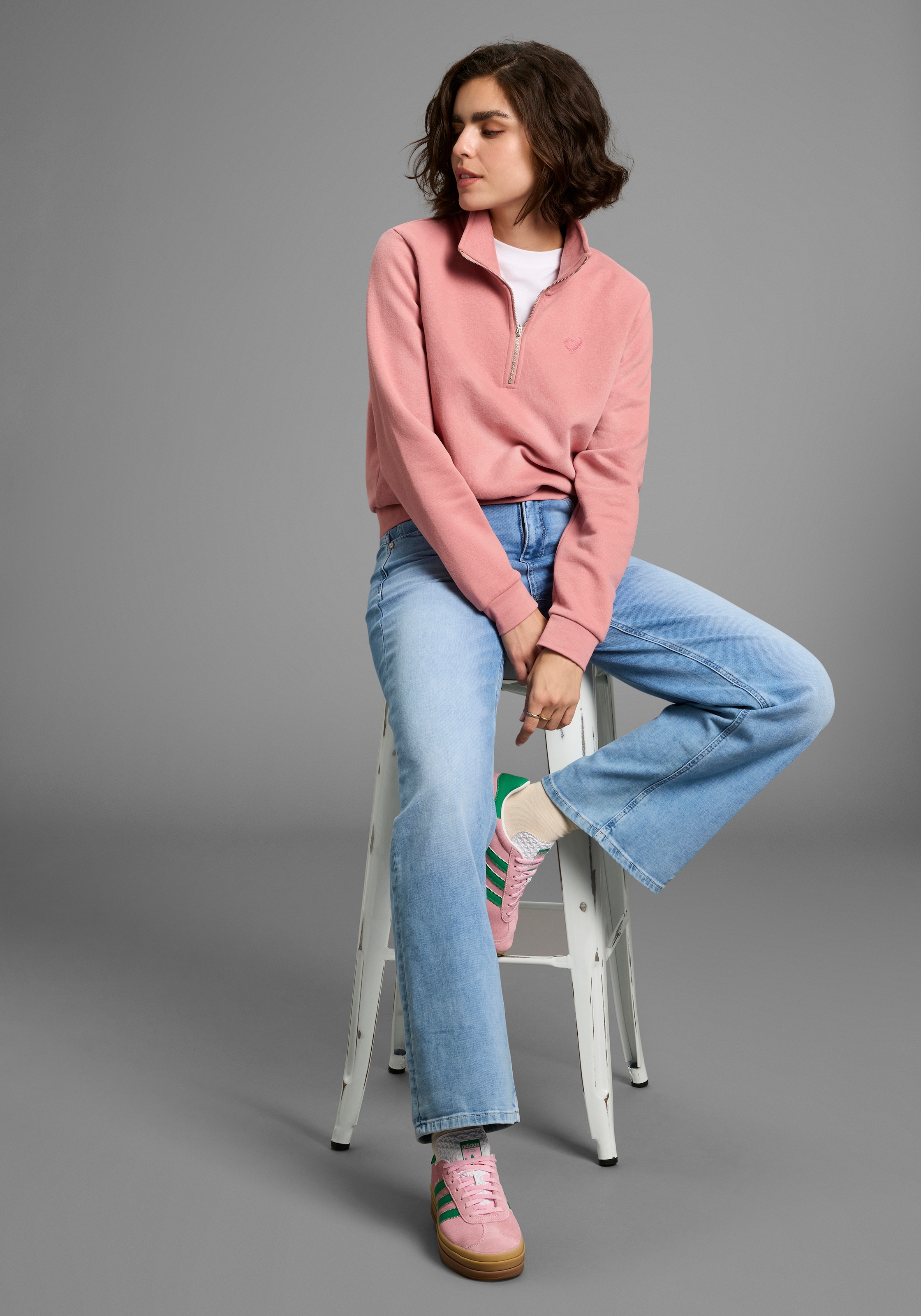Laura Scott Sweater, Weiche Baumwollmischung mit Troyer‑Kragen und Reißverschluss­detail