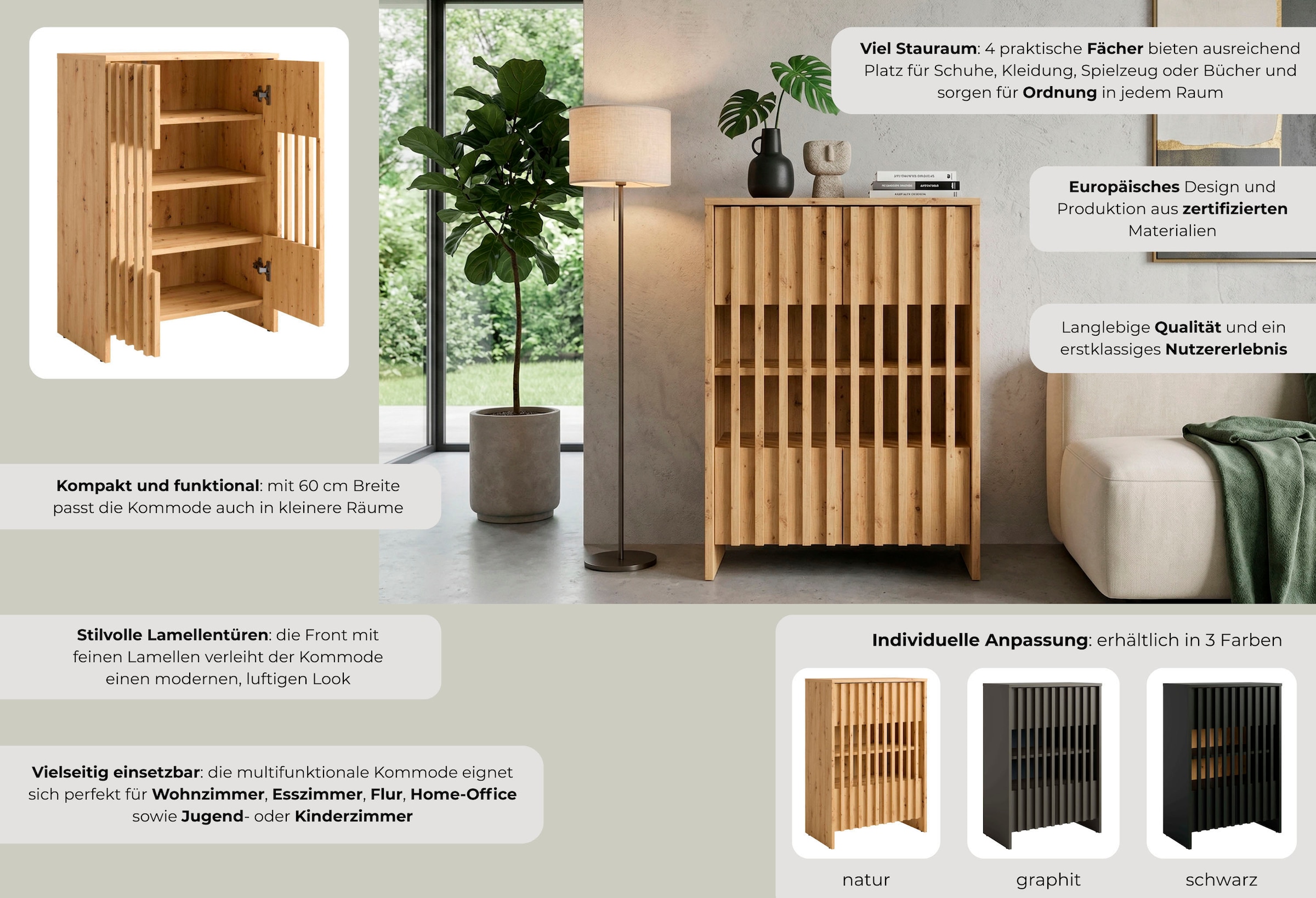 Home affaire Mehrzweckschrank »MURET, multifunktionale Kommode, 4 Fächer und 2 Türen, Lamellenfronten« Maße B/T/H: 60/35,4/87 cm,  Kommode mit viel Stauraum, Maße B/T/H: 60/35,4/87 cm