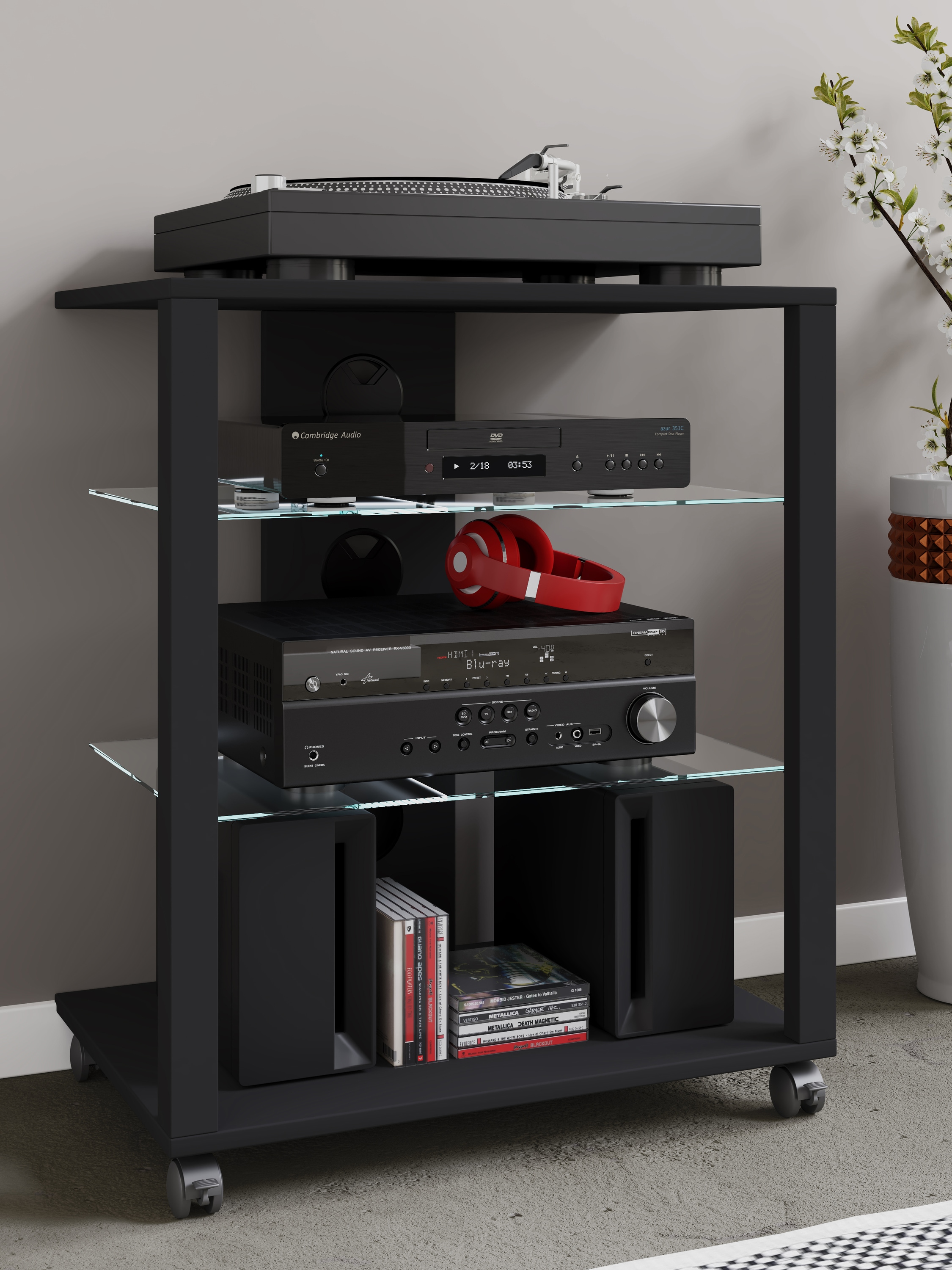 VCM Media-Board »VCM Hifi Holz Möbel | Rack Schrank Phono Regal mit Rollen | 2 Glasböden | Maße: H. 70 x B. 60 x T. 41 cm | Phono Mediaregal - Folas«, (VCM Folas)