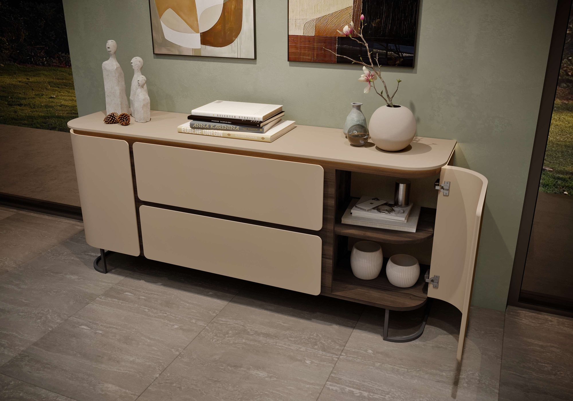 OTTO home Sideboard »AURA , Kommode, Kombikommode, Stauraumschrank, mit LED-Beleuchtung« UV lackiert, Soft Close Funktion, Metallrahmen als Basis des Elements