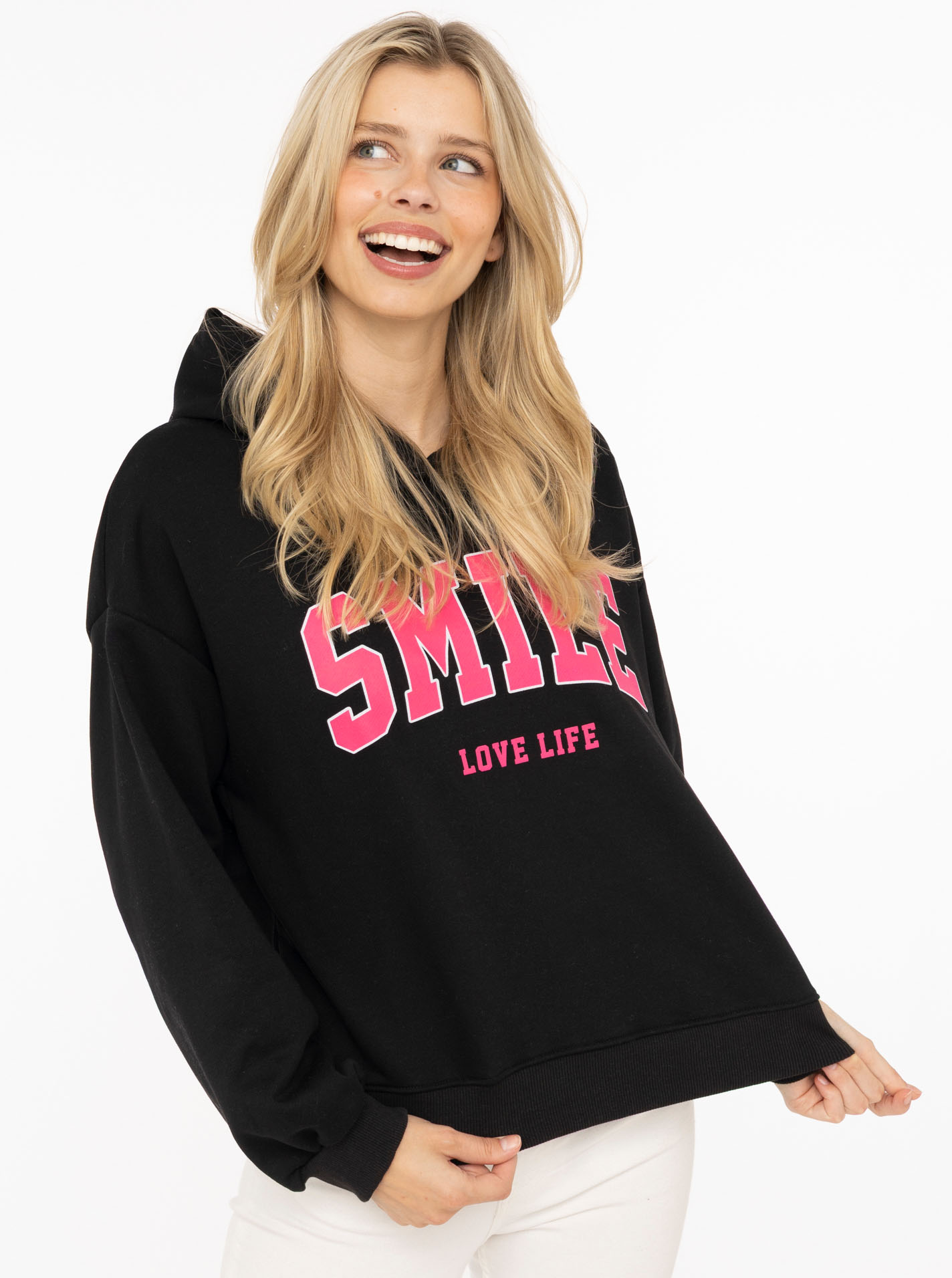 Zwillingsherz Hoodie ""Smile"", Kapuze, lange Ärmel, elastische Bündchen, großer Neon-Print