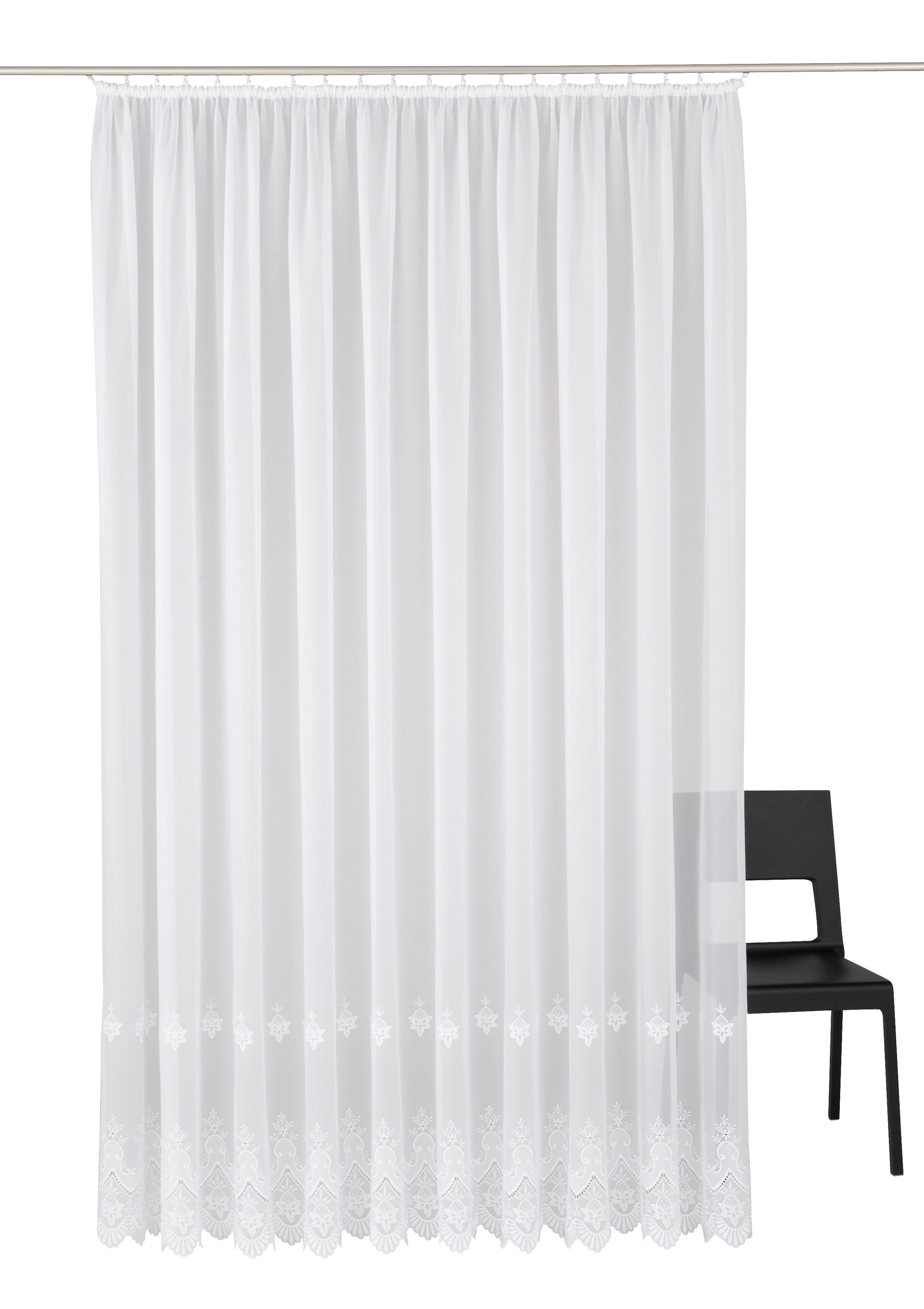 Thumbnail - Weckbrodt Gardine "Berlin" Kräuselband 1 Stk. tlg. echte Stickerei, Voile, transparent, Bordüre, Kante, gebogt, Store