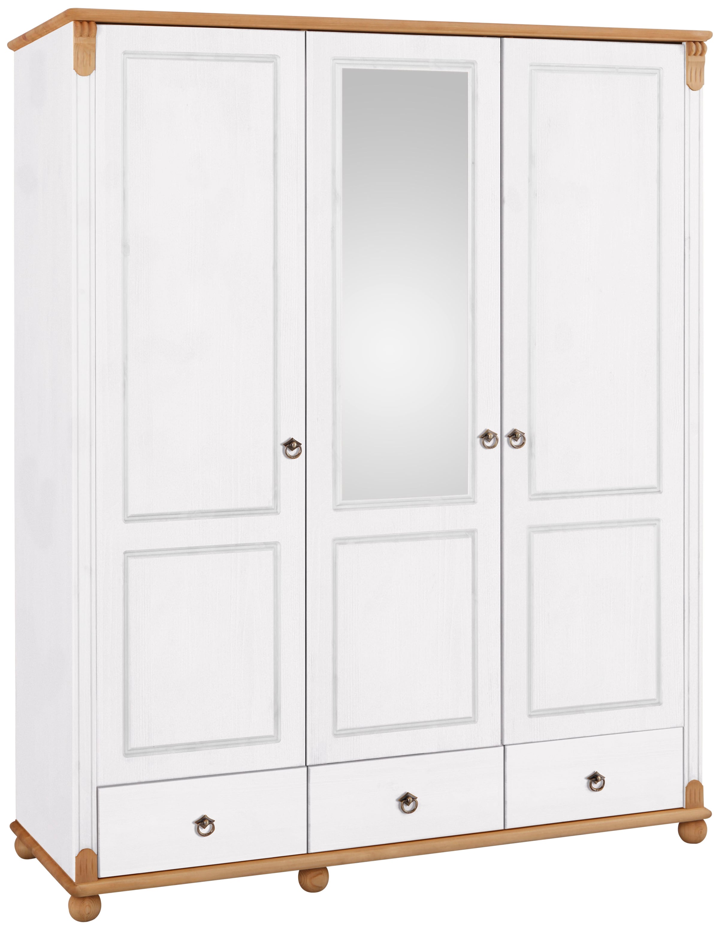 Home affaire Kleiderschrank »Tessin, Dretürenschrank, 3-türig«, (B/H/T ca. 152/191/59 cm), Breite 152 cm, Kiefer massiv, mit Spiegel und 3 Schubladen