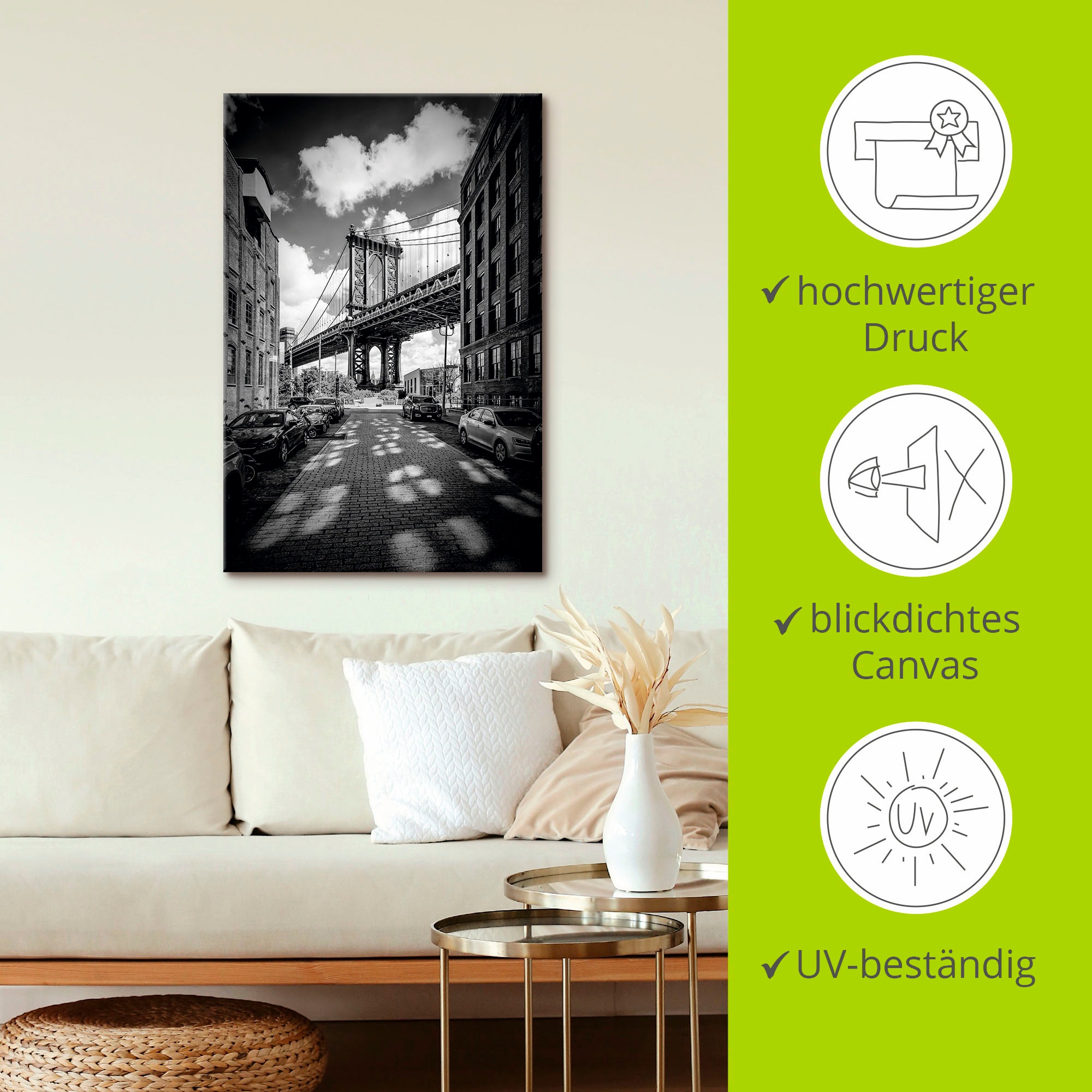 Leinwandbild ARTLAND "Manhattan Bridge in Brooklyn, New York", schwarz (farbe bild(er): schwarz), B:60cm H:90cm, Bilder, Leinwandbild, auf Holzrahmen gespannt 3