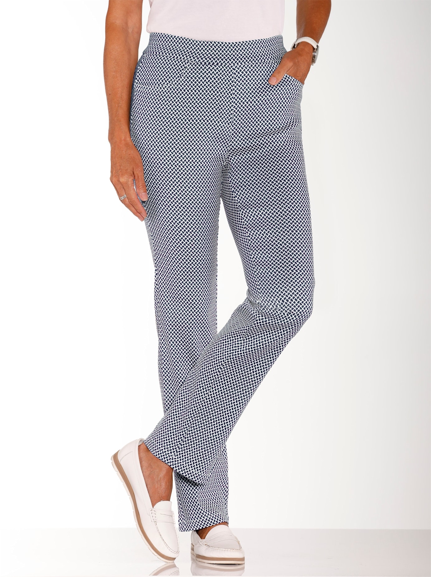 Schlupfhose CASUAL LOOKS, Damen, Gr. 24, Kurzgrößen, bunt (marine, ecru, gemustert), 43% Viskose, 42% Polyester, 11% Polyamid, 4% Elasthan, gemustert, mehrfarbig, lang, Hosen Schlupfhose