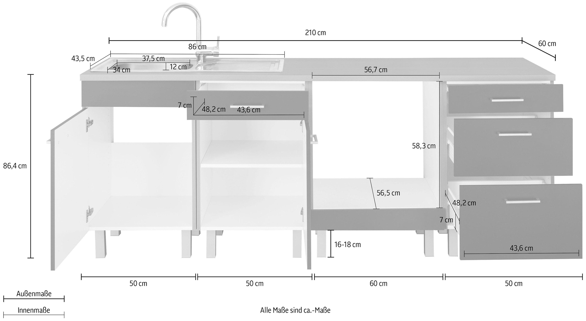 OPTIFIT Küchenzeile »Tapa«, ohne E-Geräte, Breite 210 cm