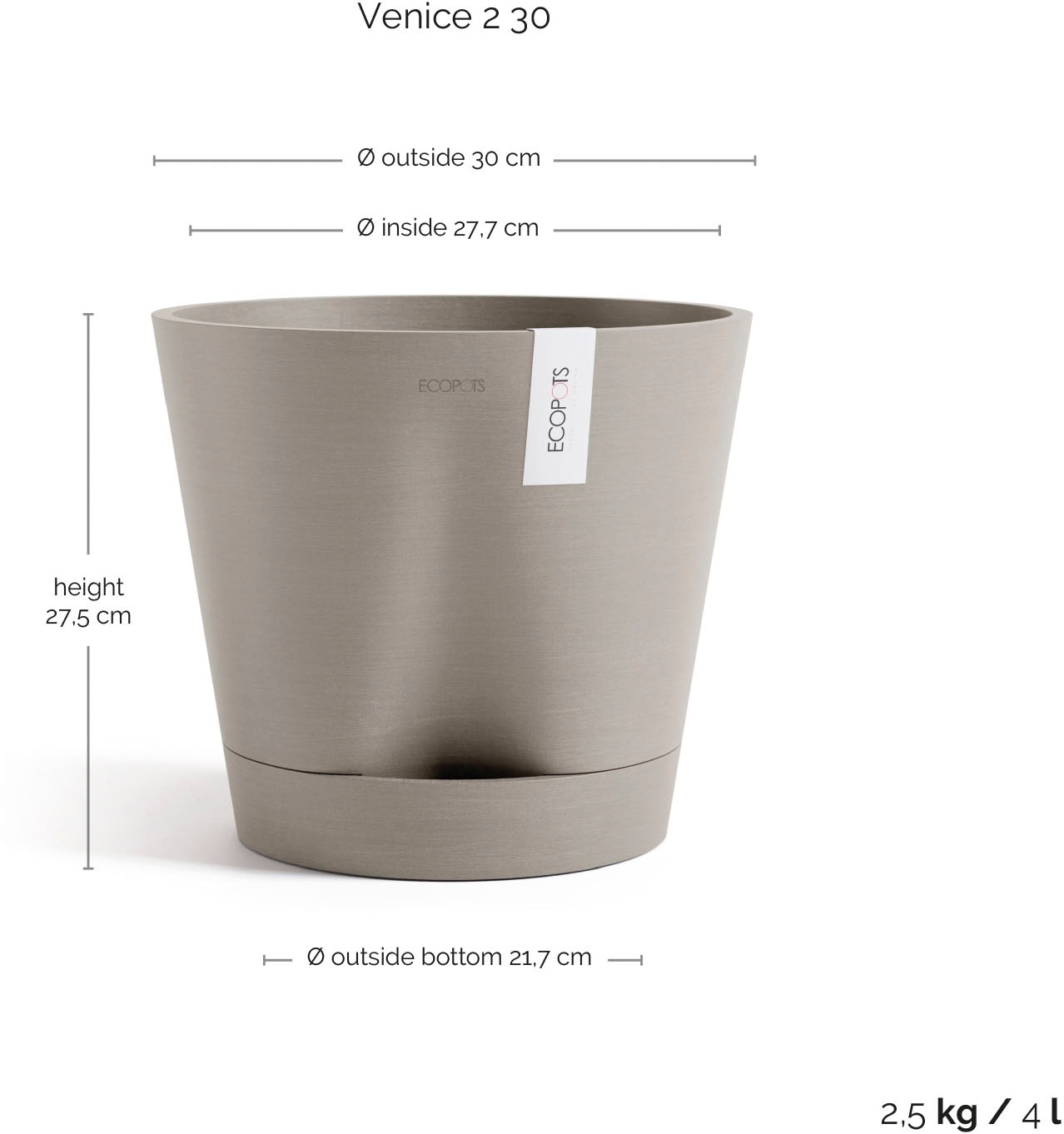 ECOPOTS Blumentopf »Venice 2 30 Taupe« für den Innenbereich