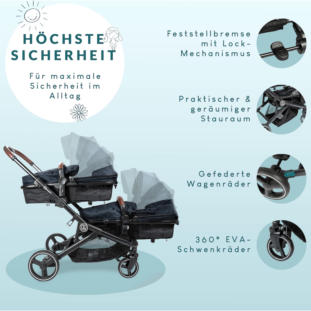 BabyGo Zwillingswagen »Twinner, Grey melange«, inkl. 2 Regenhauben, 2 Nachtlichter u. Wickeltasche; Geschwisterwagen