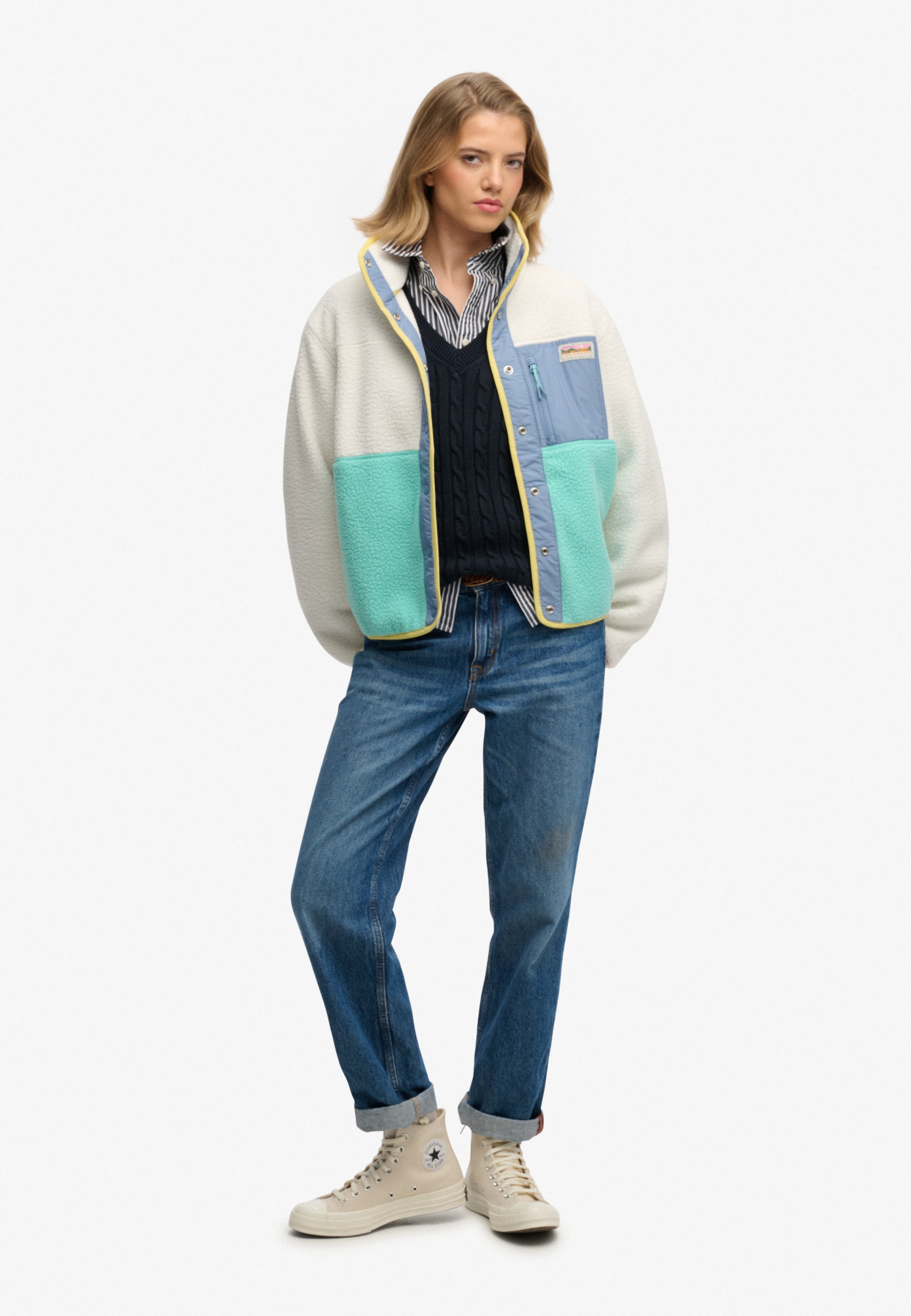 Superdry Fleecejacke »COLOUR BLOCK FLEECE JACKET« Kunstfaser, oversize, Colorblock, Superdry-Etikett an der Brusttasche