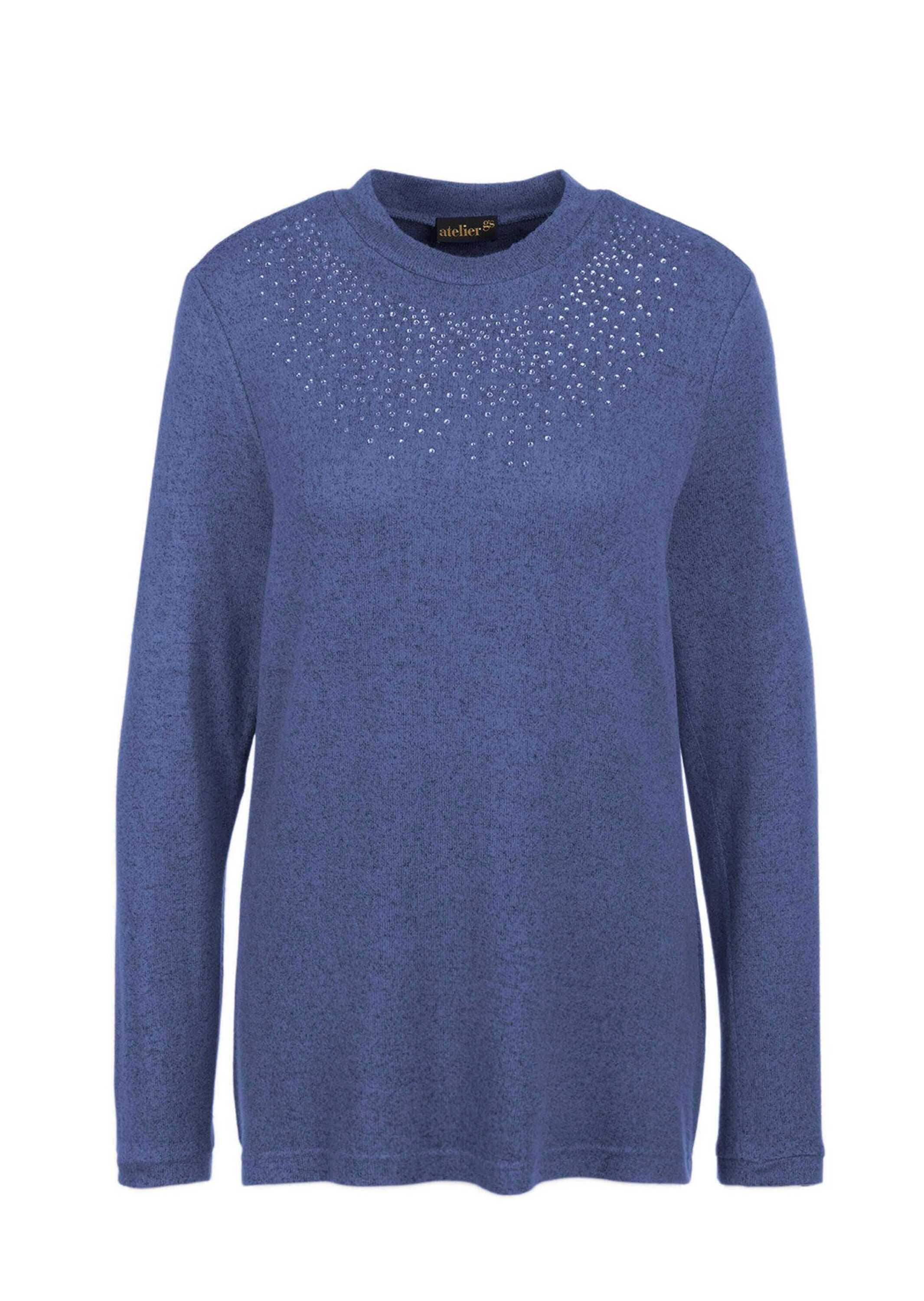 GOLDNER Longpullover "Kurzgröße Angenehm weiches Shirt mit Glitzersteinen" Mit tonigen Glitzersteinen vorn