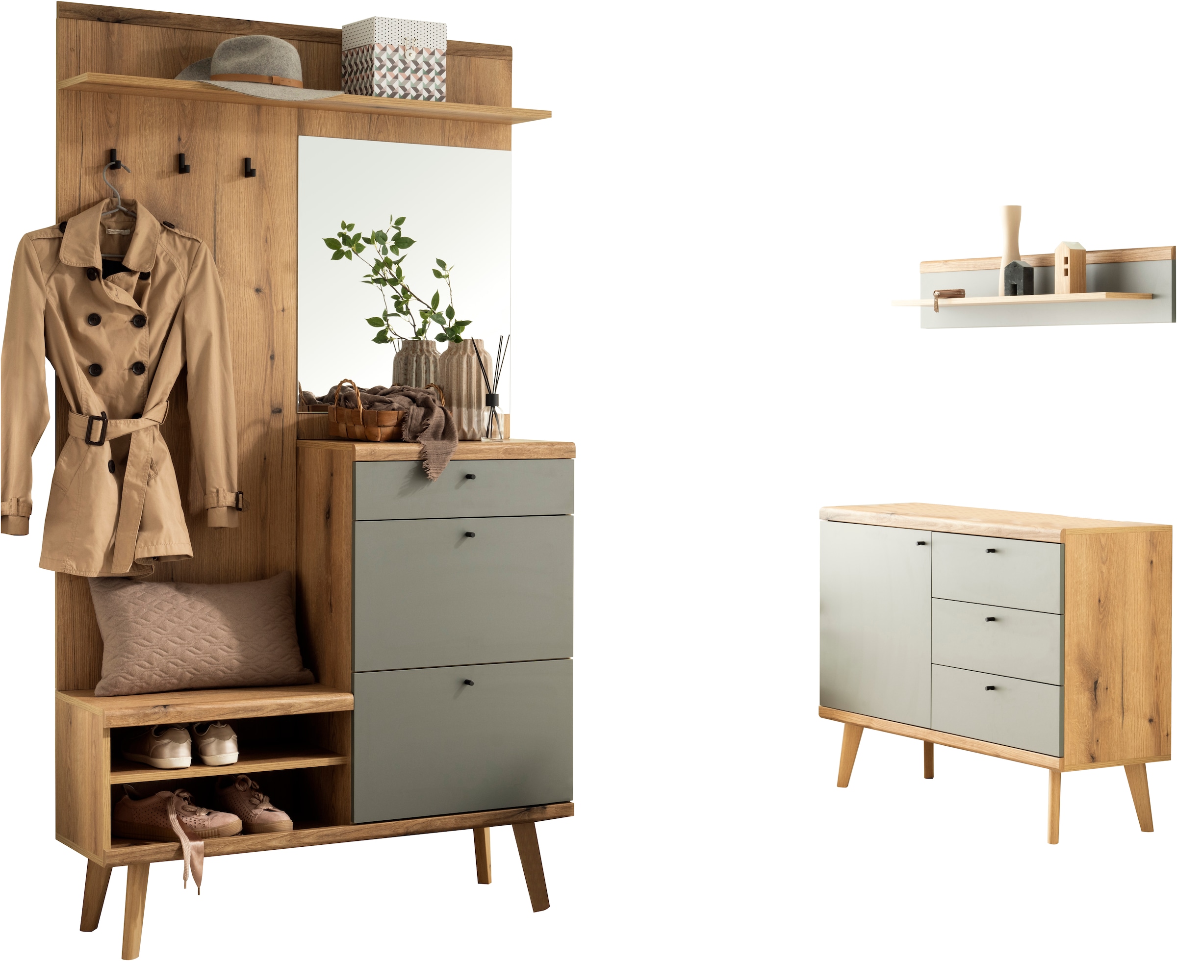 INOSIGN Garderoben-Set »Mavas, Garderobe mit Stauraum, Garderobenschrank im Scandic Design«, (Set, 3 St.), ausreichend Stauraum, für kleine Räume geeignet, 237 cm breit