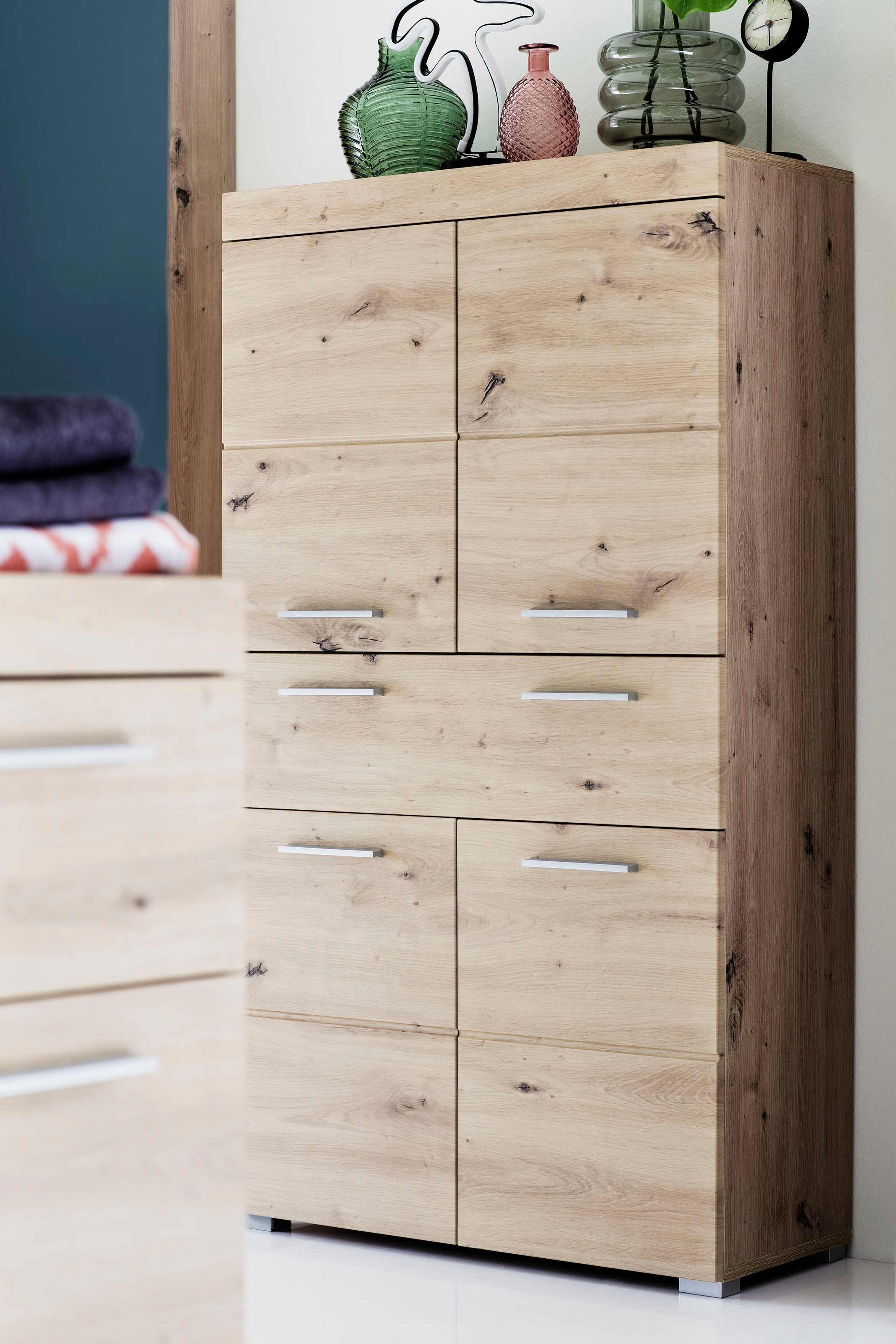 welltime Midischrank "Avena" Standschrank mit 4 Türen, 1 Schublade - (B/T/H) 73/31/130 cm