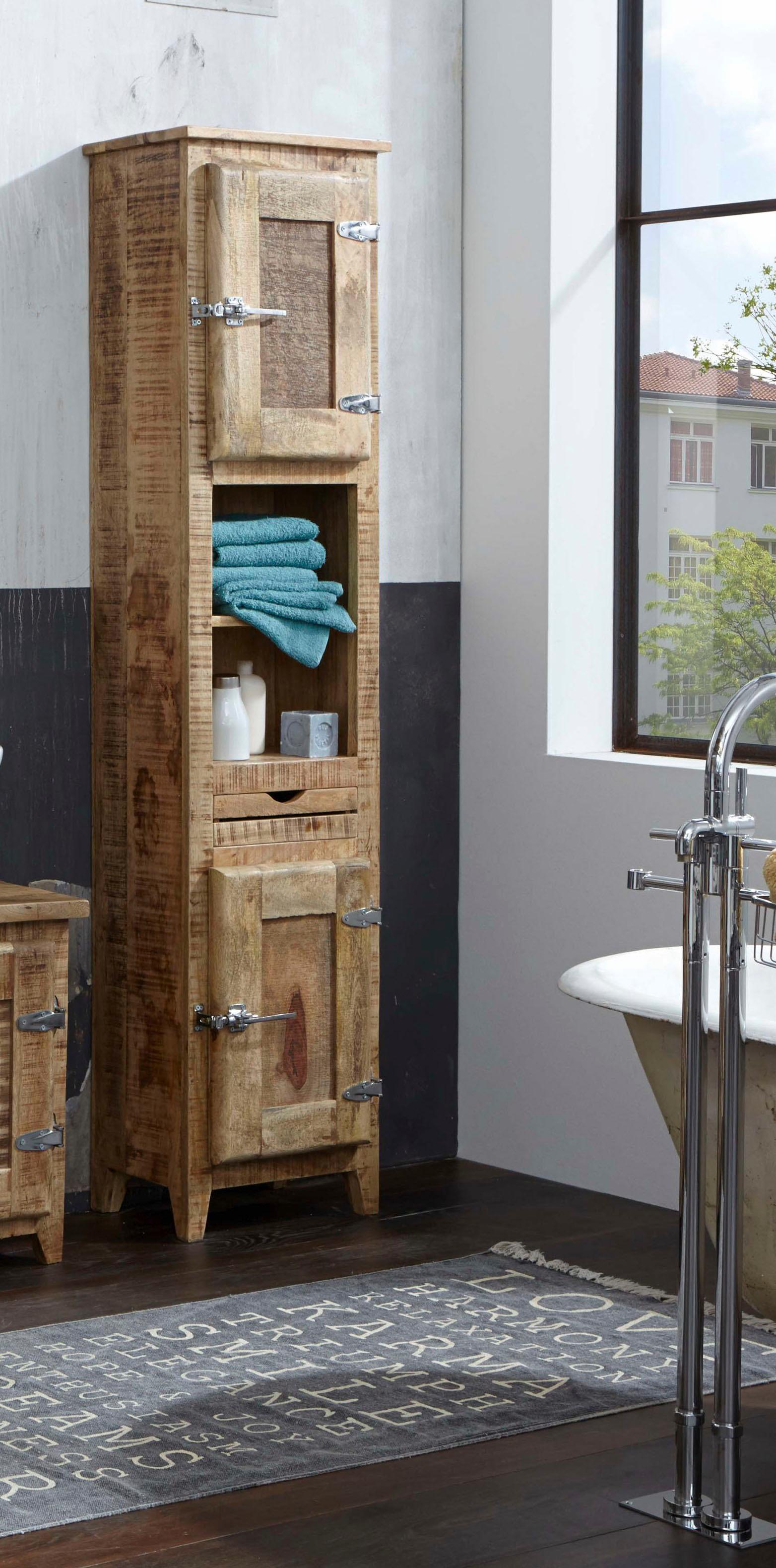 SIT Hochschrank "Biarritz aus Mangoholz mit Türen, Schublade & Fächern" Markante Kühlschrankgriffe als außergewöhnliches Design-Highlight
