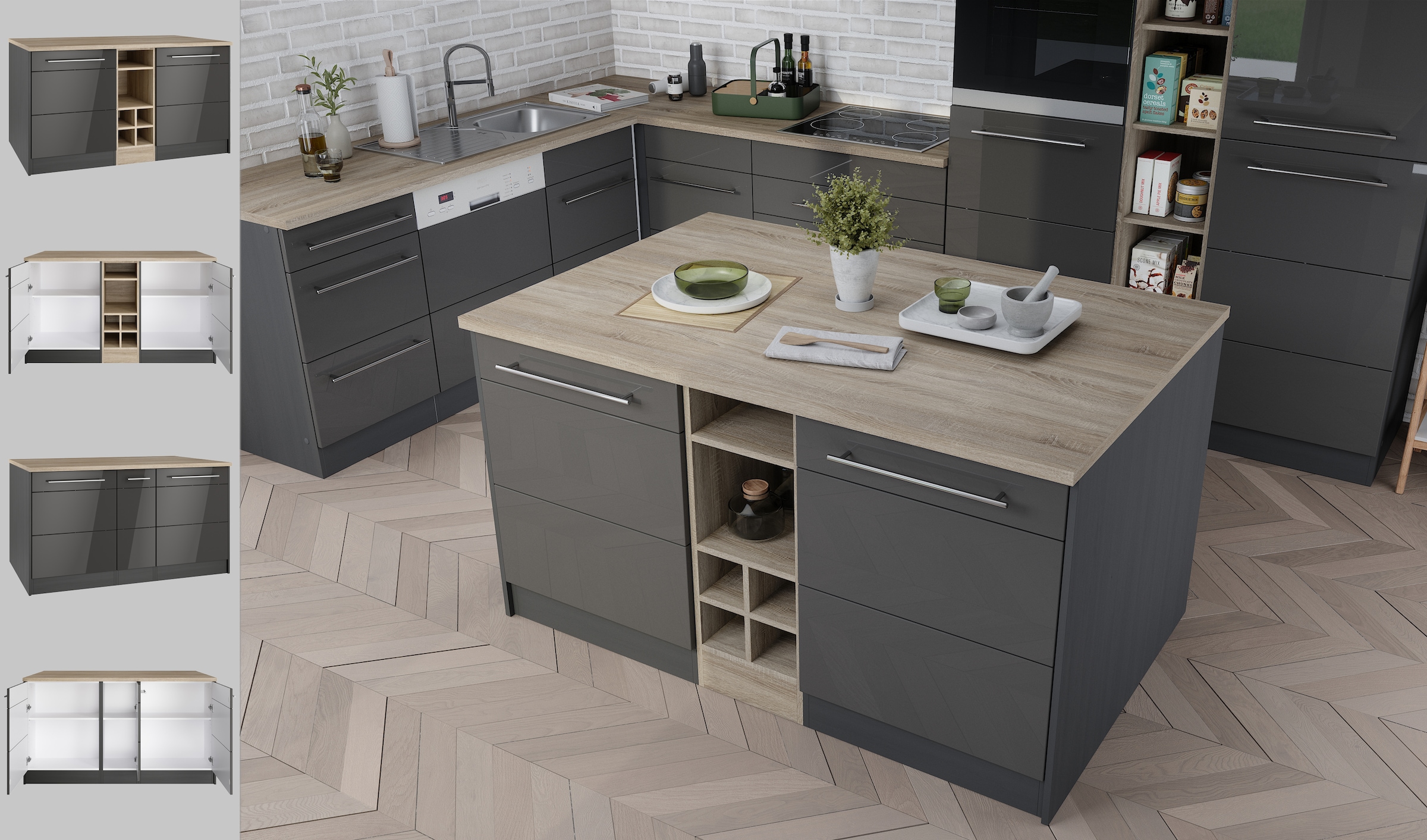 HELD MÖBEL Kücheninsel »Wien«, Breite 153 cm, MDF-Fronten, Flaschenregal