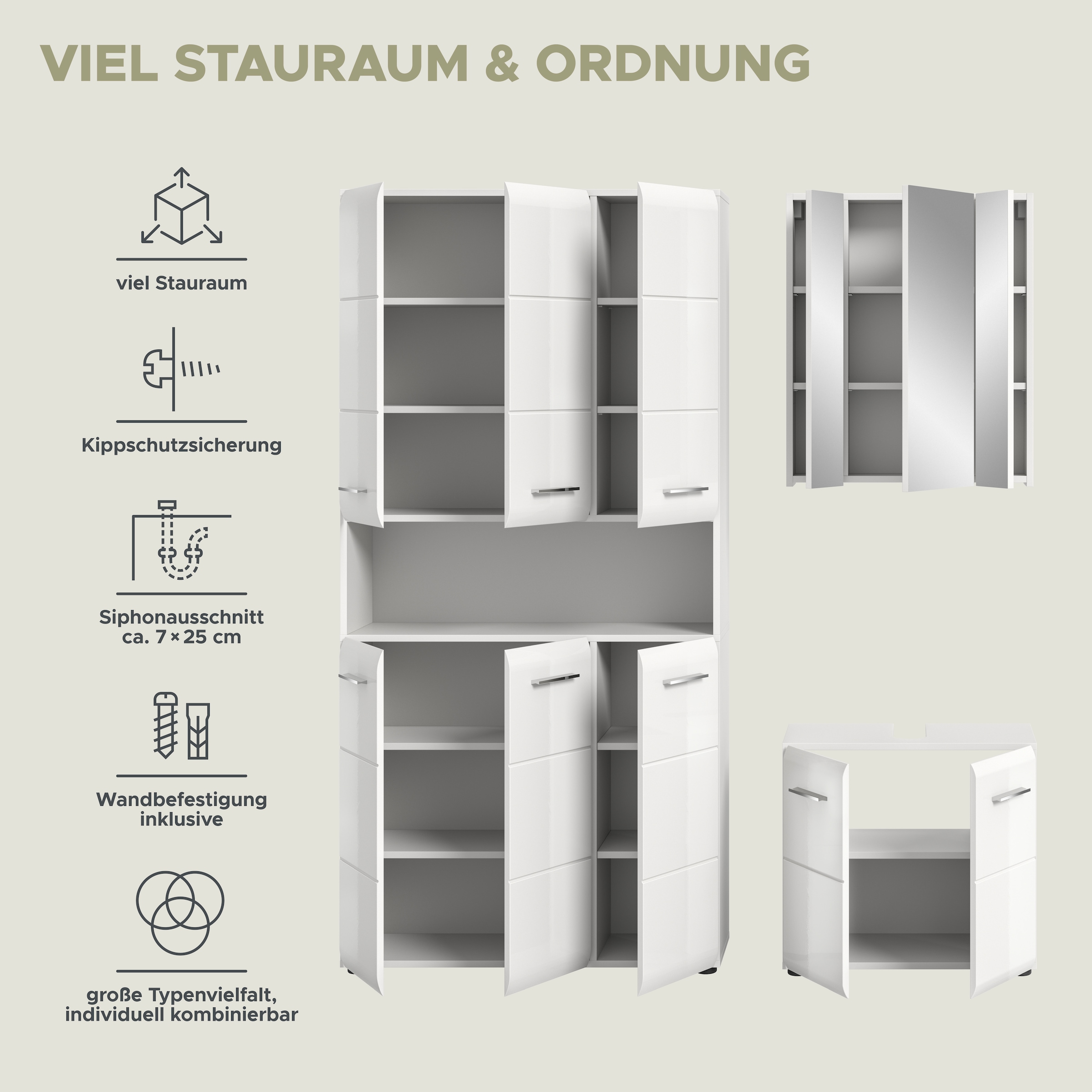 INOSIGN Badezimmer-Set, (Set, 4 St.), Florenz, Badkombination 3-tlg., Weiß hochglanz, Mehrzweckschrank