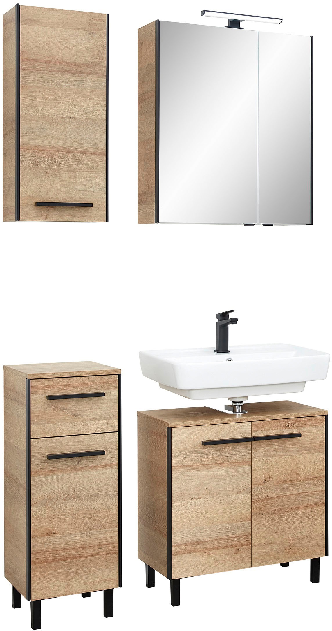 Saphir Badmöbel-Set »Quickset 395 4-teilig, Waschbeckenunterschrank mit LED-Spiegelschrank«, (4 St.), Unterschrank, Hängeschrank inkl. Türdämpfer, 6 Türen, 1 Schublade