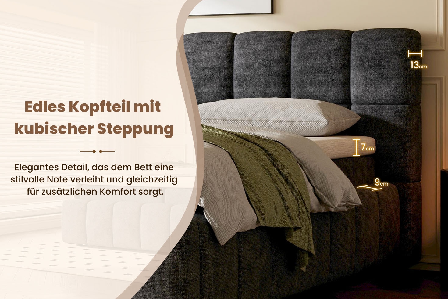 OTTO home Boxbett »AARRON, Polsterbett mit Bettkasten und Taschenfederkernmatratze (H3)« 180x200cm Liegefläche, Komfortschaumtopper (7cm)