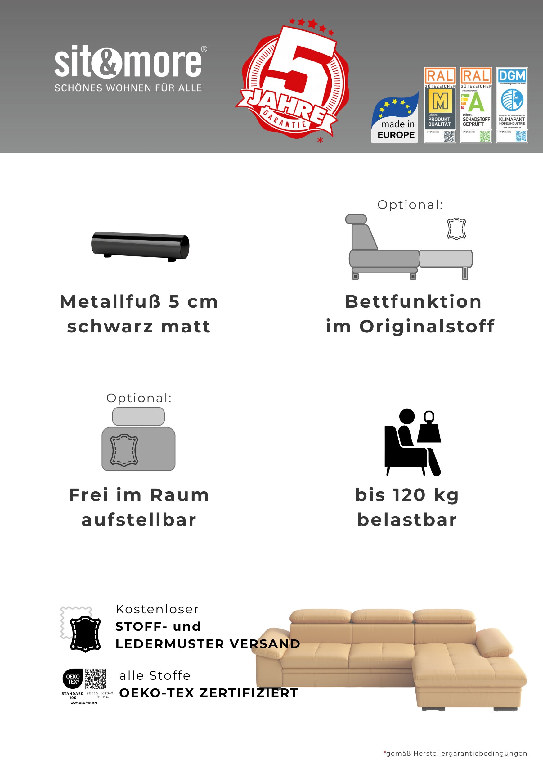 sit&more Ecksofa »Viola, Leder, L-Form, B: 260 cm, mit Armteil- und Kopfteilvertsellung« optional mit Schlaffunktion
