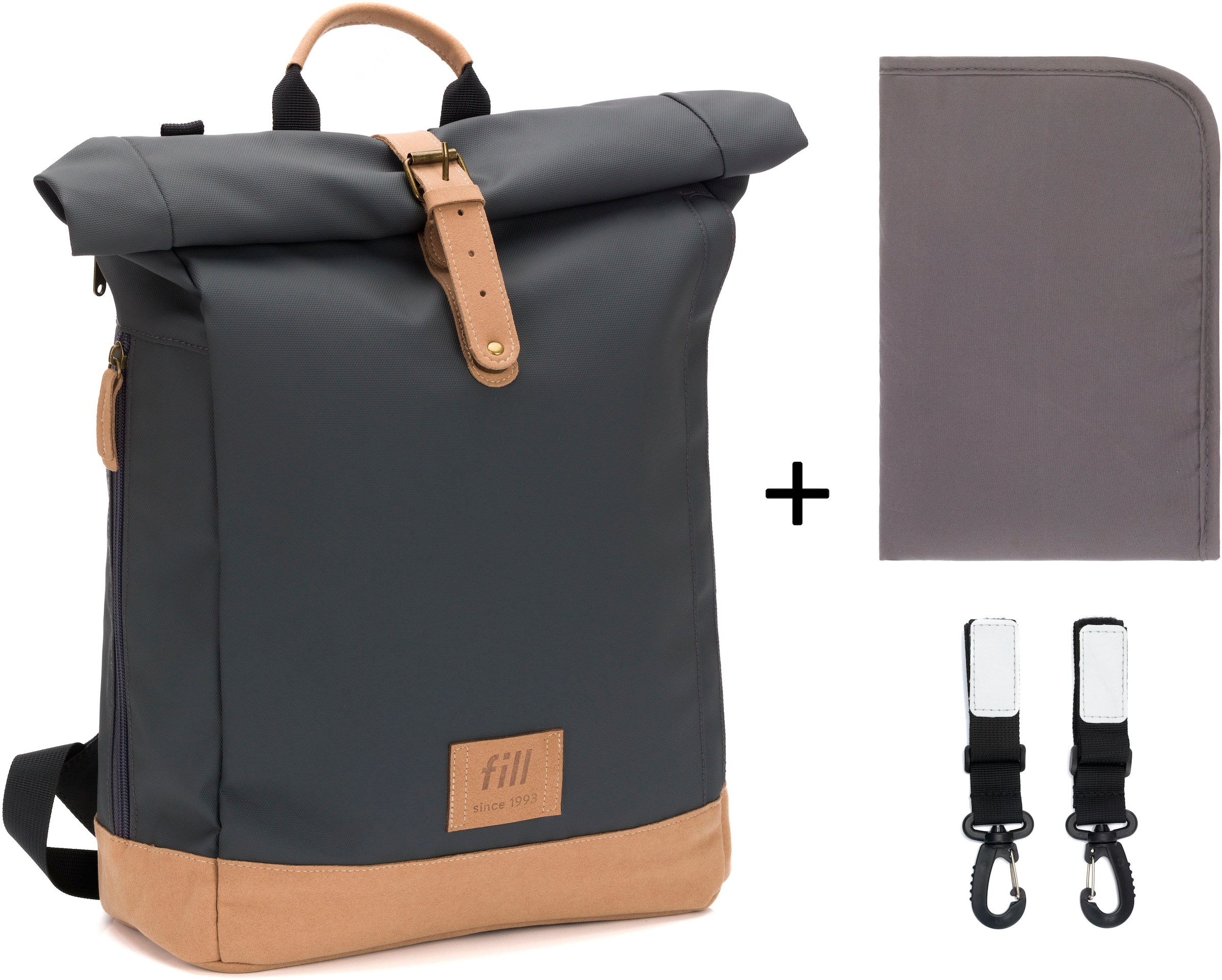 Fillikid Wickelrucksack »Rolltop Berlin stone grey«, Reflektoren, inkl. Wickeltunterlage