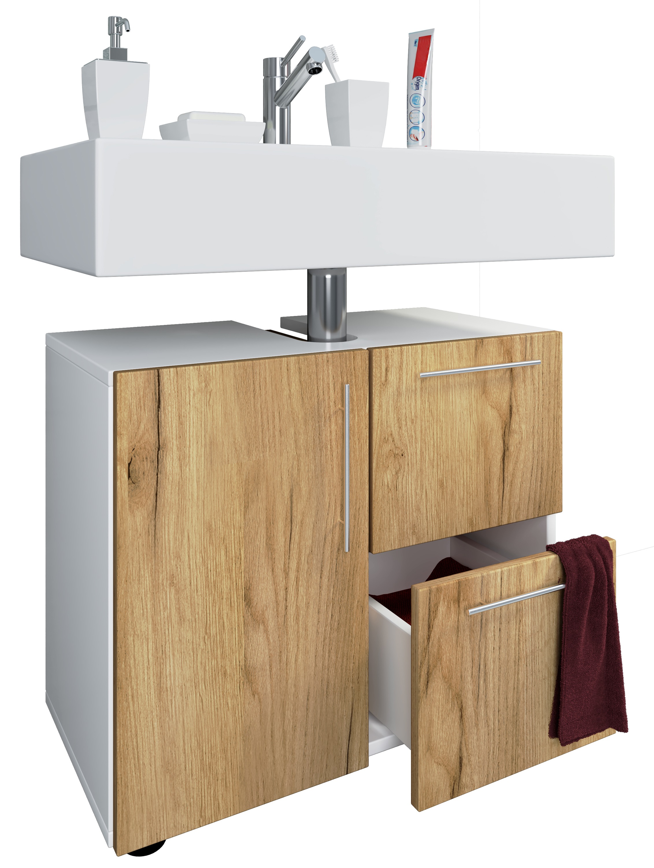 VCM Waschbeckenunterschrank »VCM Holz Waschbeckenunterschrank | Badschrank | Maße: H. 51 x B. 61 x T. 32 cm | 1 Drehtür | 2 große Schubladen | modernes Badezimmermöbel - Flandu«, (1 St.)
