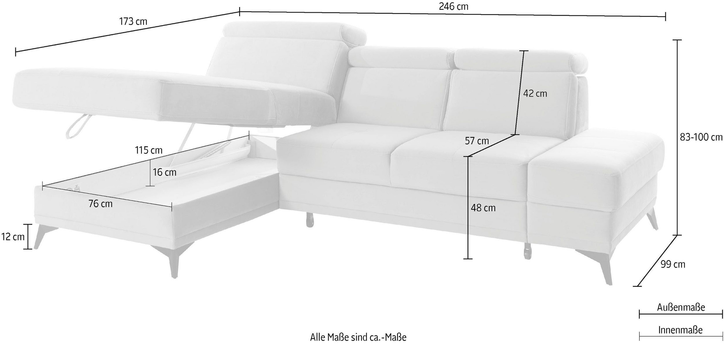 INOSIGN Ecksofa »Cardiz L-Form«, inkl.Kopfteilverstellung und Federkern wahlweise mit Bettfunktion