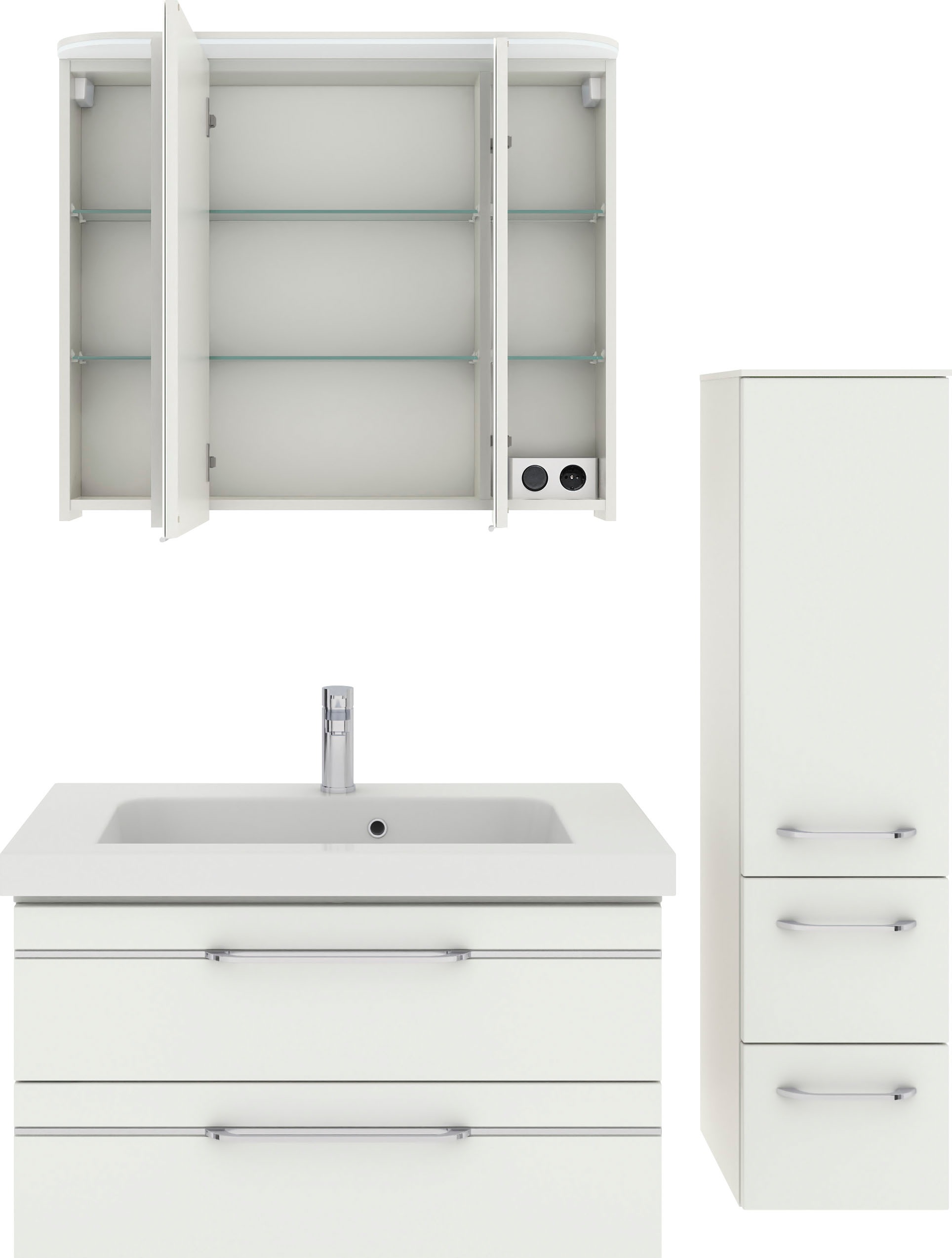 Saphir Badmöbel-Set »Balto Sprint 3-teilig, Mineralmarmor-Waschtisch mit LED-Spiegelschrank«, (4 St.), Badezimmer Set mit Midischrank, inkl Türdämpfer, 4 Türen, 4 Schubladen