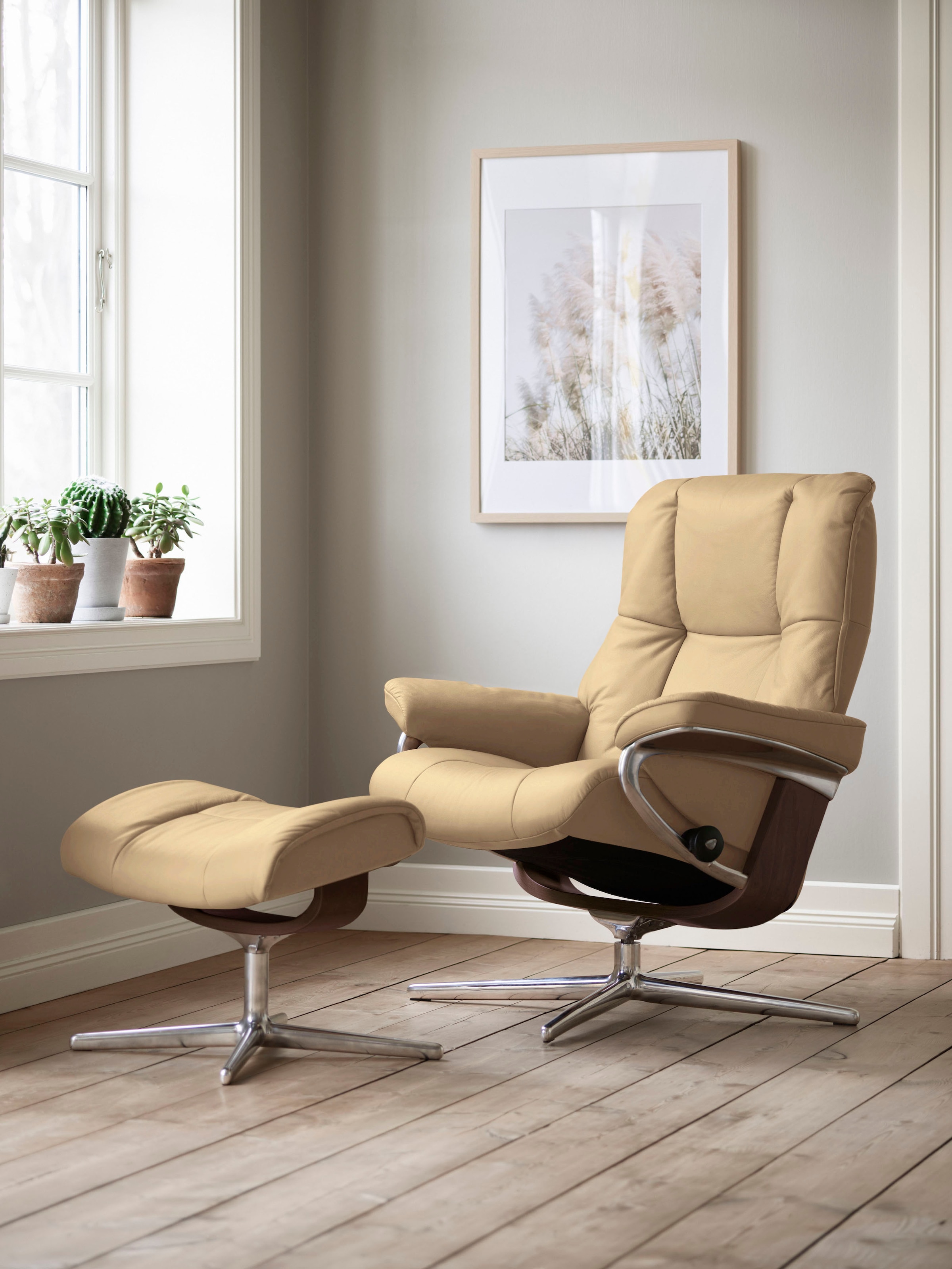 Stressless Relaxsessel "Mayfair" Set, Relaxsessel mit Hocker, mit Hocker, mit Cross Base, Größe S, M & L, Holzakzent Braun