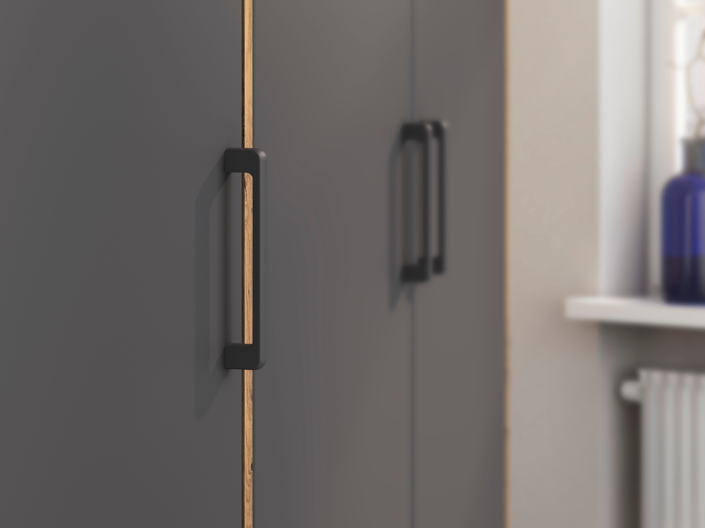 rauch Drehtürenschrank »Kleiderschrank Schrank Garderobe Wäscheschrank VOYAGER«, (in 3 verschiedenen Ausstattungen BASIC/CLASSIC/PREMIUM), mit modernen Griffen in Graumetallic und Spiegel