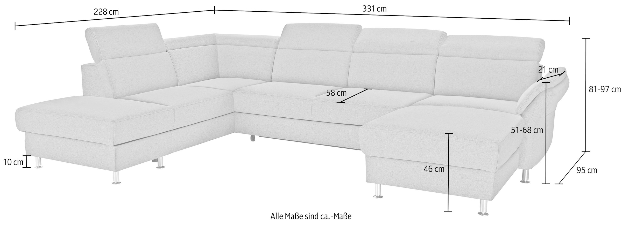 sit&more Wohnlandschaft »Avignon U-Form«, wahlweise mit Bettfunktion und Stauraum, inklusive Kopfteilverstellung