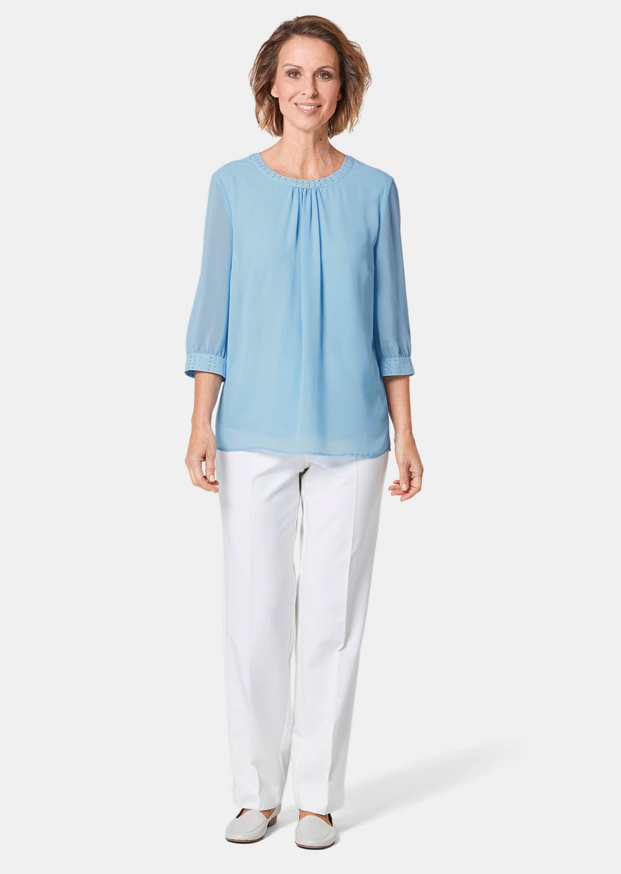 GOLDNER Langarmbluse "Kurzgröße Bluse aus leichtem Chiffon mit Glitzerstein günstig online kaufen