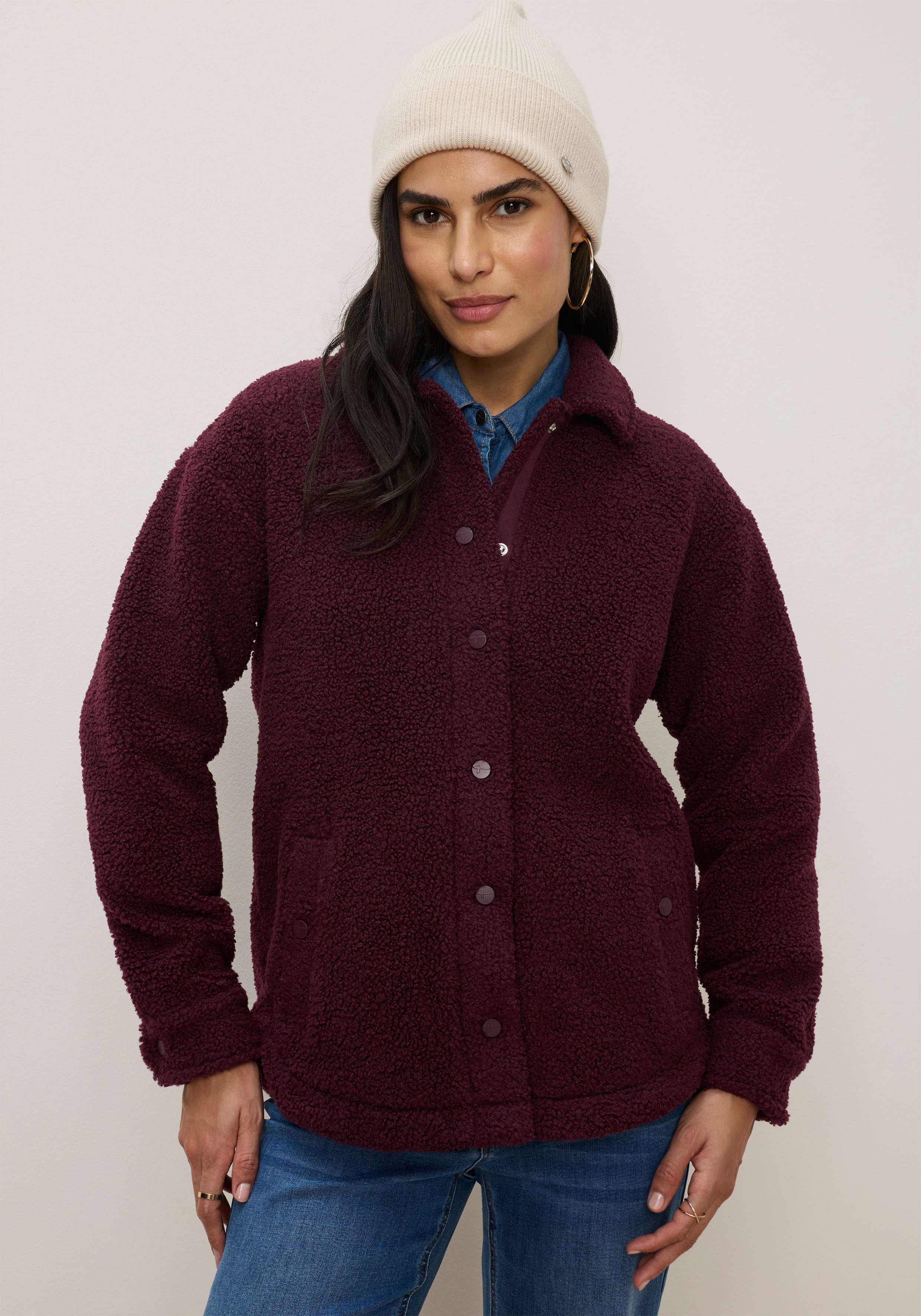 Tamaris Fleecejacke aus Teddy Fleece Jacke mit Hemdkragen und Druckknöpfen
