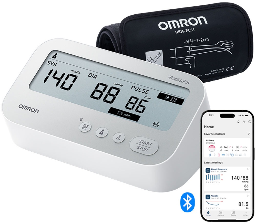 OMRON Oberarm-Blutdruckmessgerät "X4 Connect AFib, mit AFib Screening bei jeder Messung und Gratis App"silber, B:10cm H:7cm T:17cm,