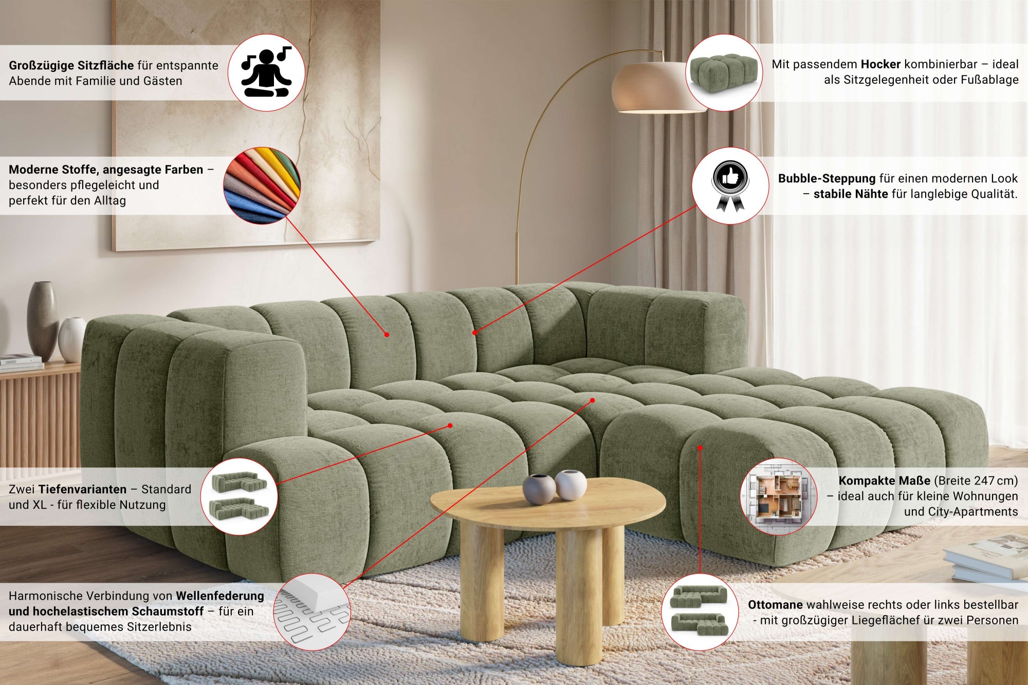 Thumbnail - homsy by Ana Johnson Ecksofa "XL BOUBELLE L-Form extra tief, Design-Sofa, Bubble-Optik, Breite 247cm" hoher Sitzkomfort ...