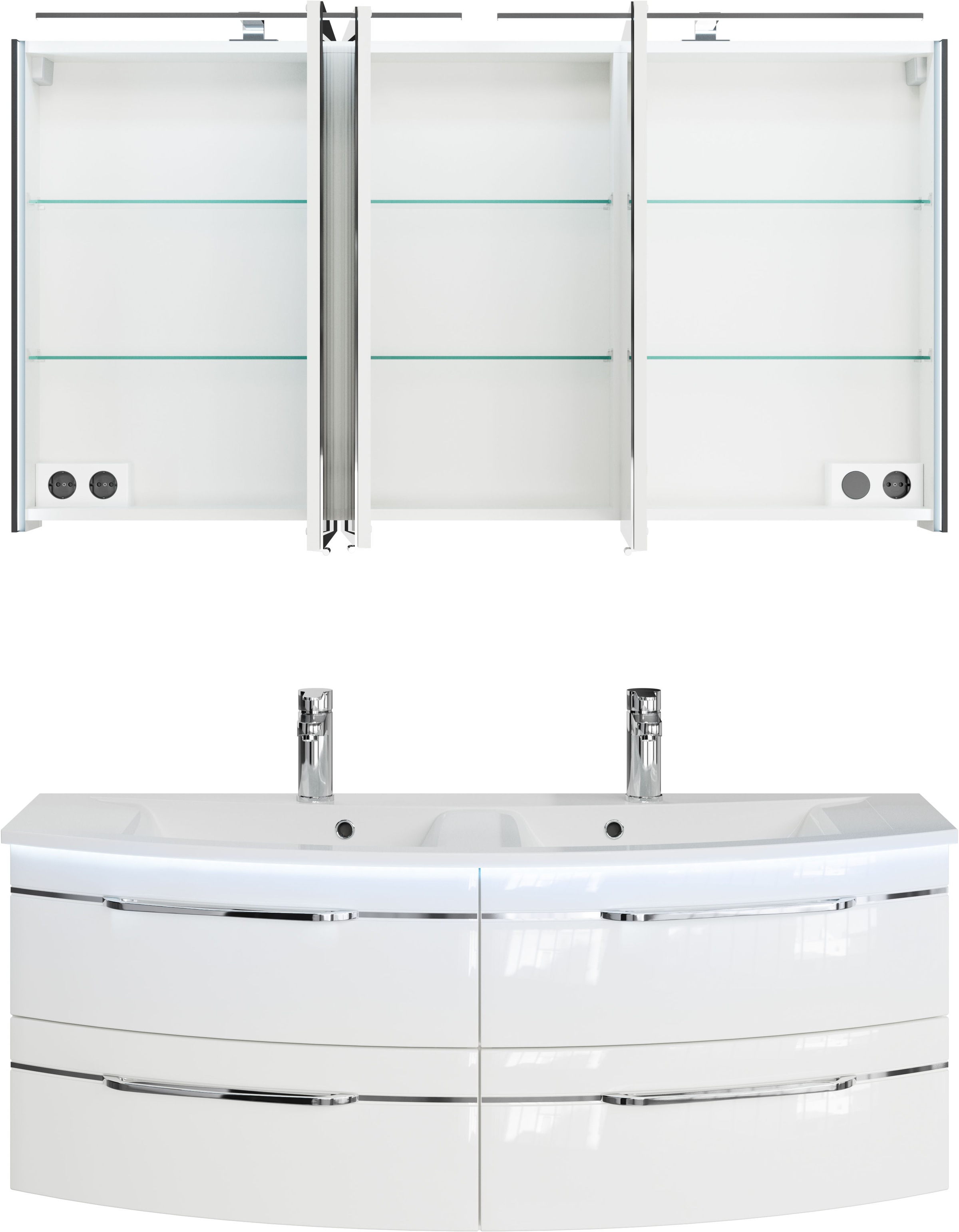 Saphir Badmöbel-Set »Badezimmer-Set 133,2 cm breit, inkl. Türdämpfer, 3 Türen, 4 Schubladen«, (Set, 2 St.), Serie 7045 2-teilig Mineralmarmor-Doppelwaschtisch, LED-Spiegelschrank