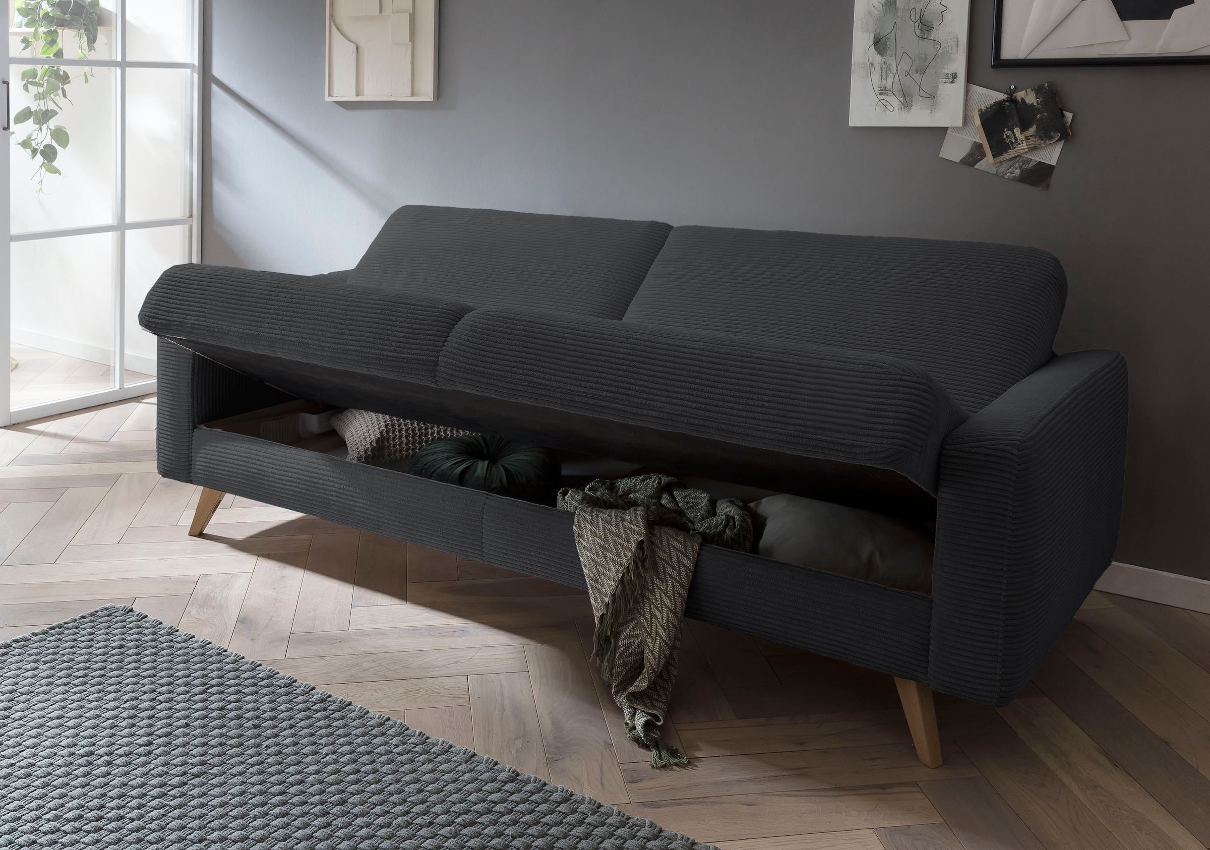exxpo - sofa fashion 3-Sitzer »Samso, elegant und bequem, aktueller Cord Bezug, Kippcouch«, hochwertige Verarbeitung, Schlafsofa inkl. Bettfunktion und Bettkasten