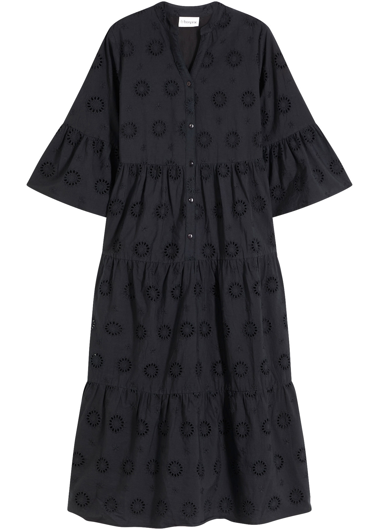 bonprix Midikleid aus reiner Baumwolle, A-Linien-Passform, 3/4-Ärmel, mit Stehkragen