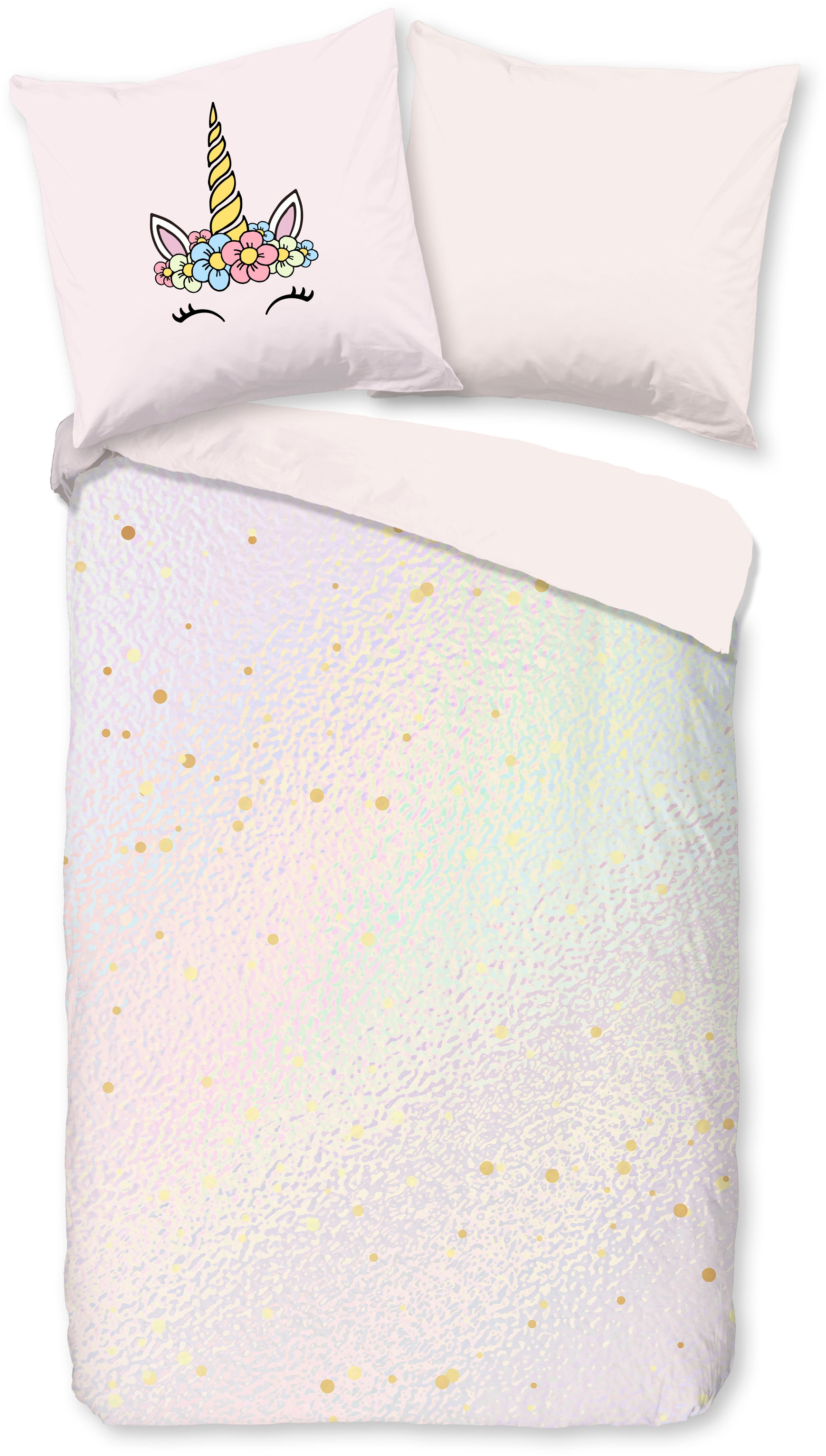 PURE luxury collection Kinderbettwäsche "Mandy", Mikrofaser, 135x200, pflegeleicht, Wende, Mädchen, Einhorn, Regenbogen