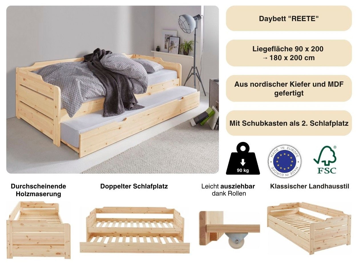 Home affaire Daybett »"REETE " BESTSELLER! Kinderbett, mit Schubkasten, 2 Schlafplätze« 2 Schlafplätze,  FSC® zertifiziertes Massivholz (Kiefer), klassischer Landhausstil