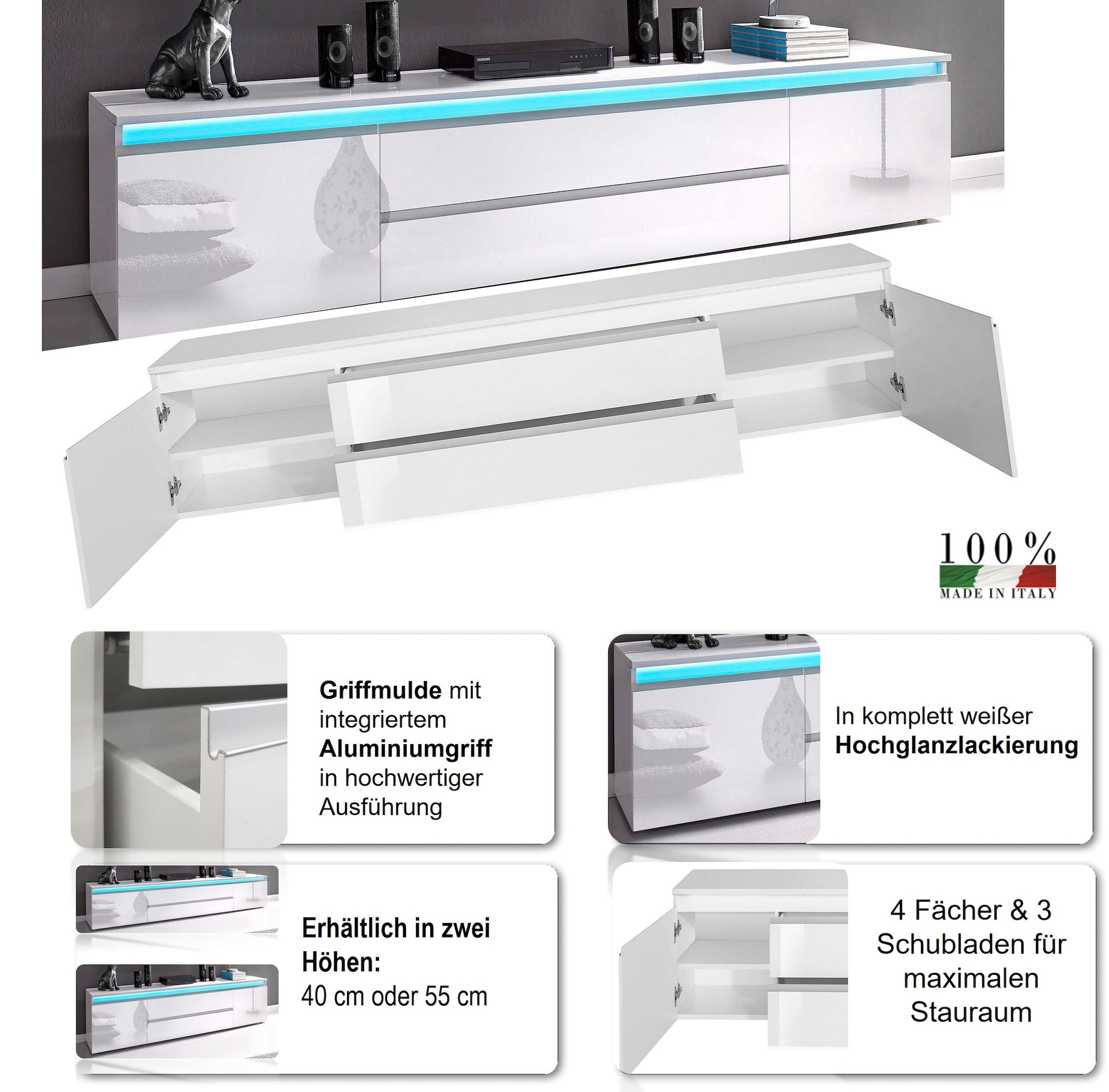 Home affaire Lowboard »Magic,Lowboard,TV-Kommode,TV-Möbel,TV-Bank« Hochglanzlackiert, Alugriff, 2 Türen, 2 Schubkästen,B/T/H 240×40×55 cm